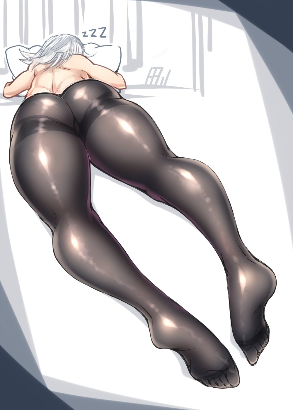 ass, bed, big ass, big butt, feet, female, from behind, gigantic ass, laying down, pillow, sakuya izayoi, silver hair, skin tight, sleeping, solo, tagme, tajima yuuki, toes, touhou, white hair, wide hips, zzz