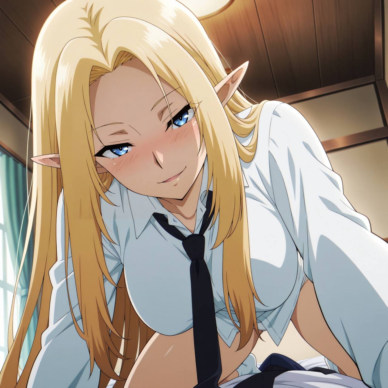 1boy, 1girls, alpha (the eminence in shadow), attractive, blonde hair, blush, button down shirt, female, female on top, looking, looking at viewer, male, on bed, panties, smiling at viewer, the eminence in shadow