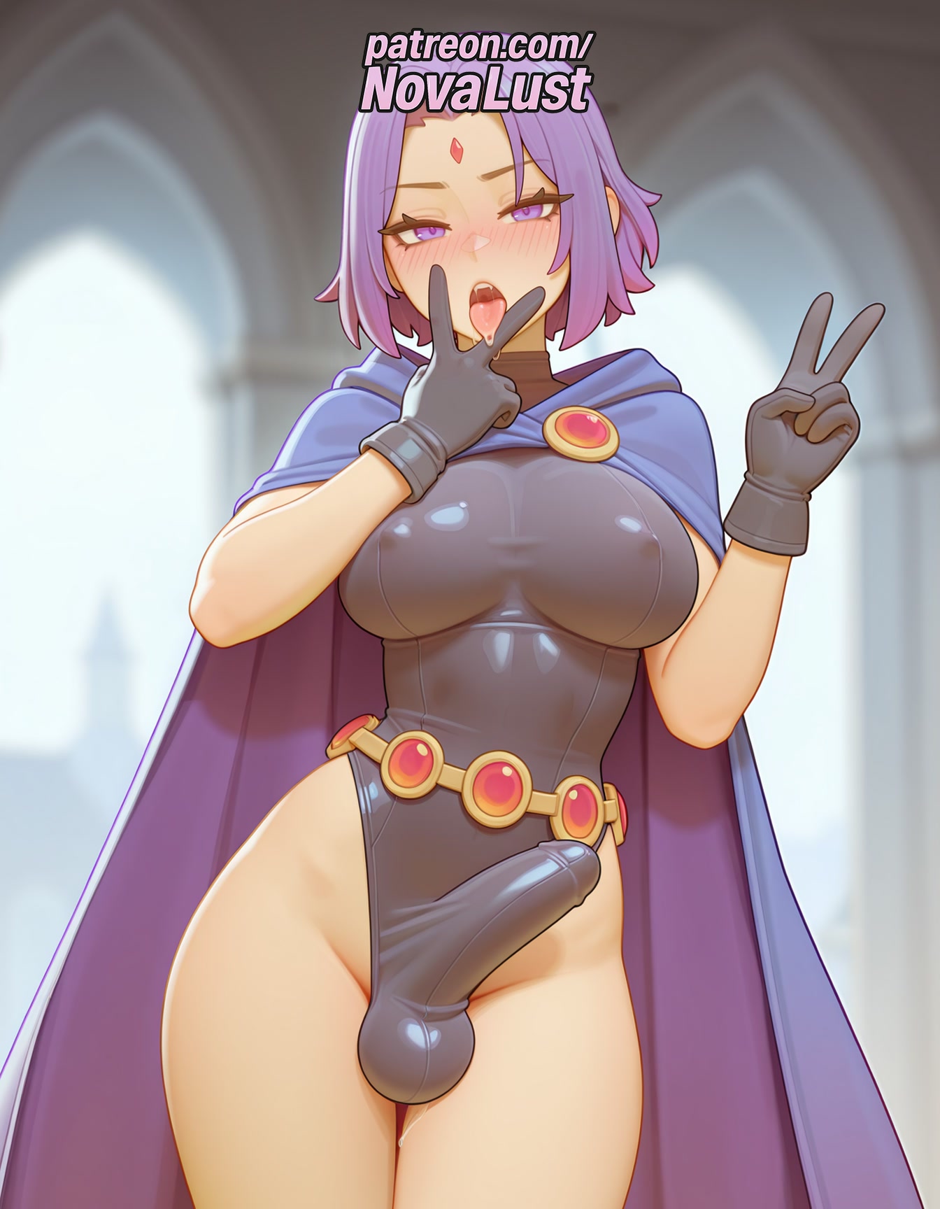 1futa, 2025, ai generated, artist name, balls, black cape, blush, bulge, cape, cartoon network, cloak, cock, dick, erection, fellatio gesture, futanari, gloves, hi res, high quality, high resolution, highres, intersex, male, male focus, moon, novalust, open mouth, otoko no ko, patreon, patreon username, penis, purple cape, purple eyes, purple hair, rachel roth, raven (dc), solo, stable diffusion, teen titans, testicles, tongue, v, watermark
