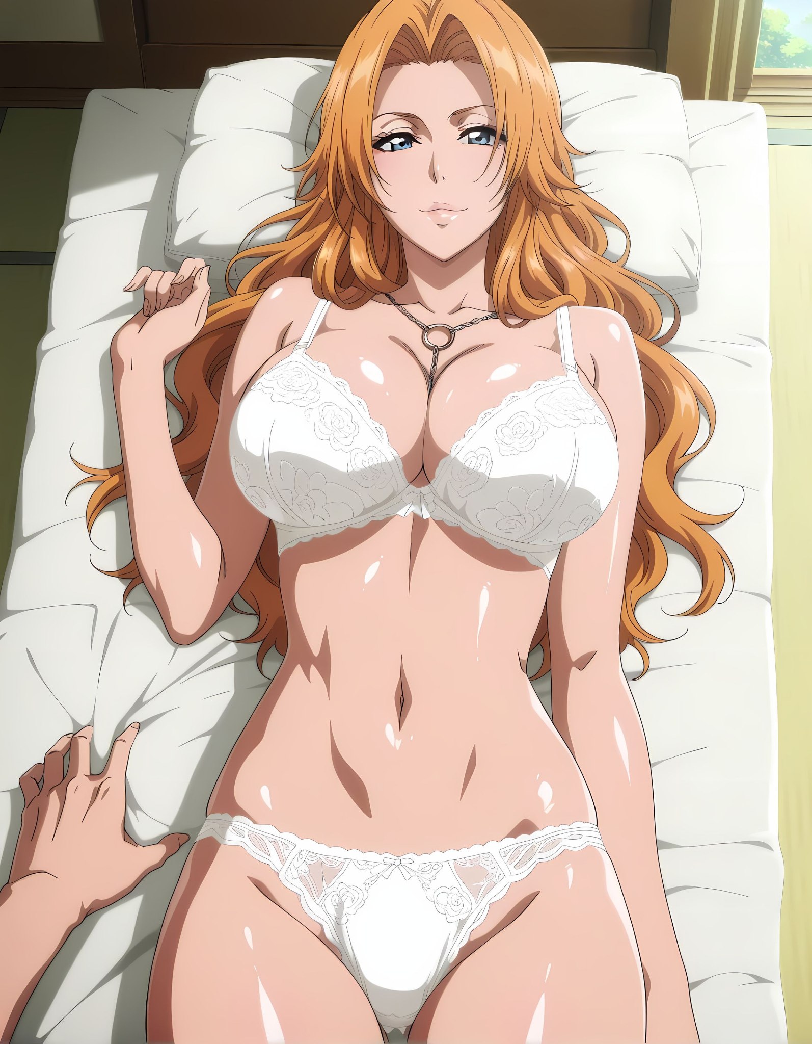 ai generated, bleach, breasts, female, ginger, laying down, laying on bed, matsumoto rangiku, on bed, white bra, white panties