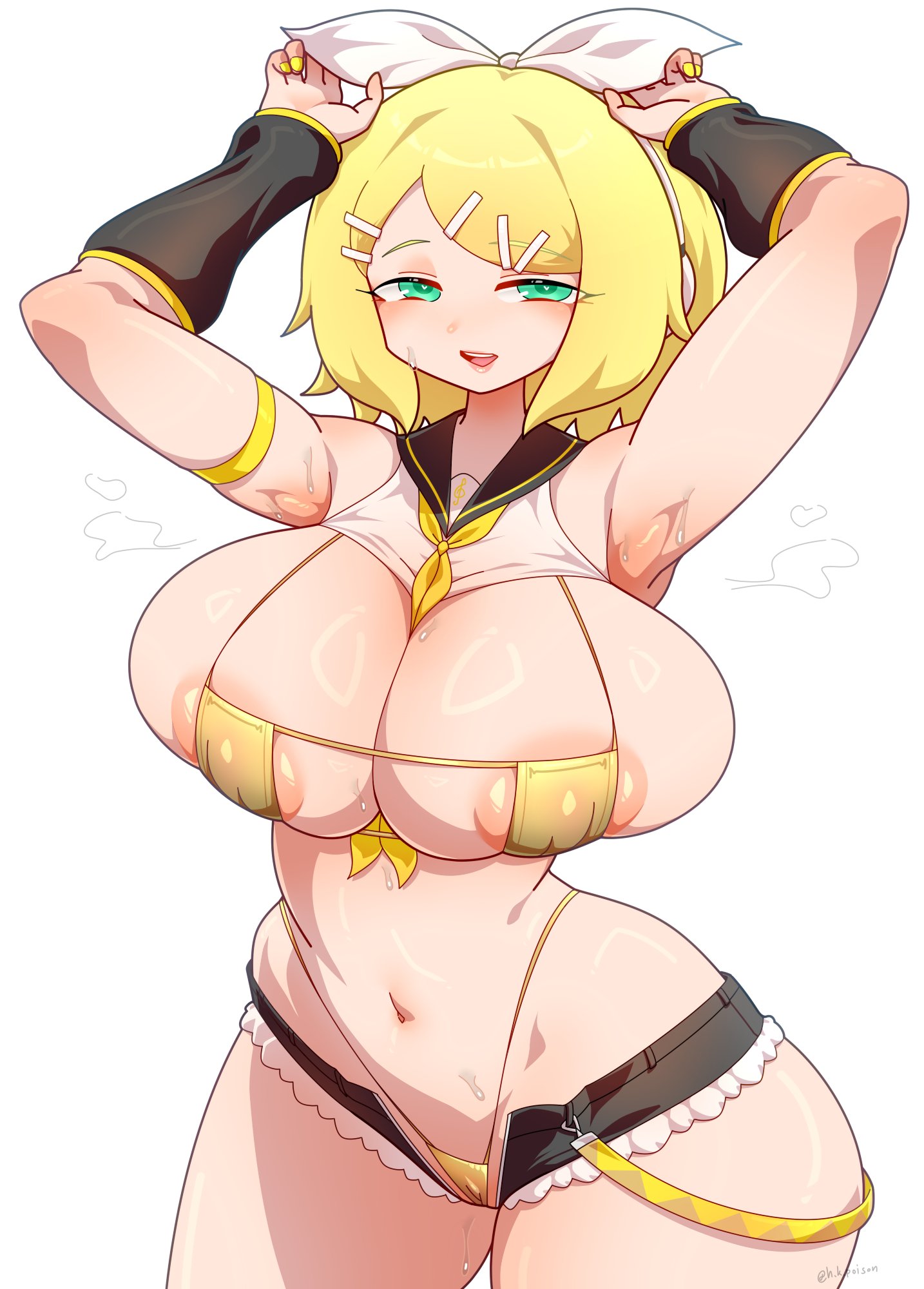alternate breast size, areola slip, armpits, arms up, bikini, breasts, collared bikini, female, half-closed eyes, highleg bikini, huge breasts, kagamine rin, micro bikini, naughty face, shorts, skindentation, steam, sweat, sweaty, thong, undersized clothes, useless clothing, vocaloid, yellow nails