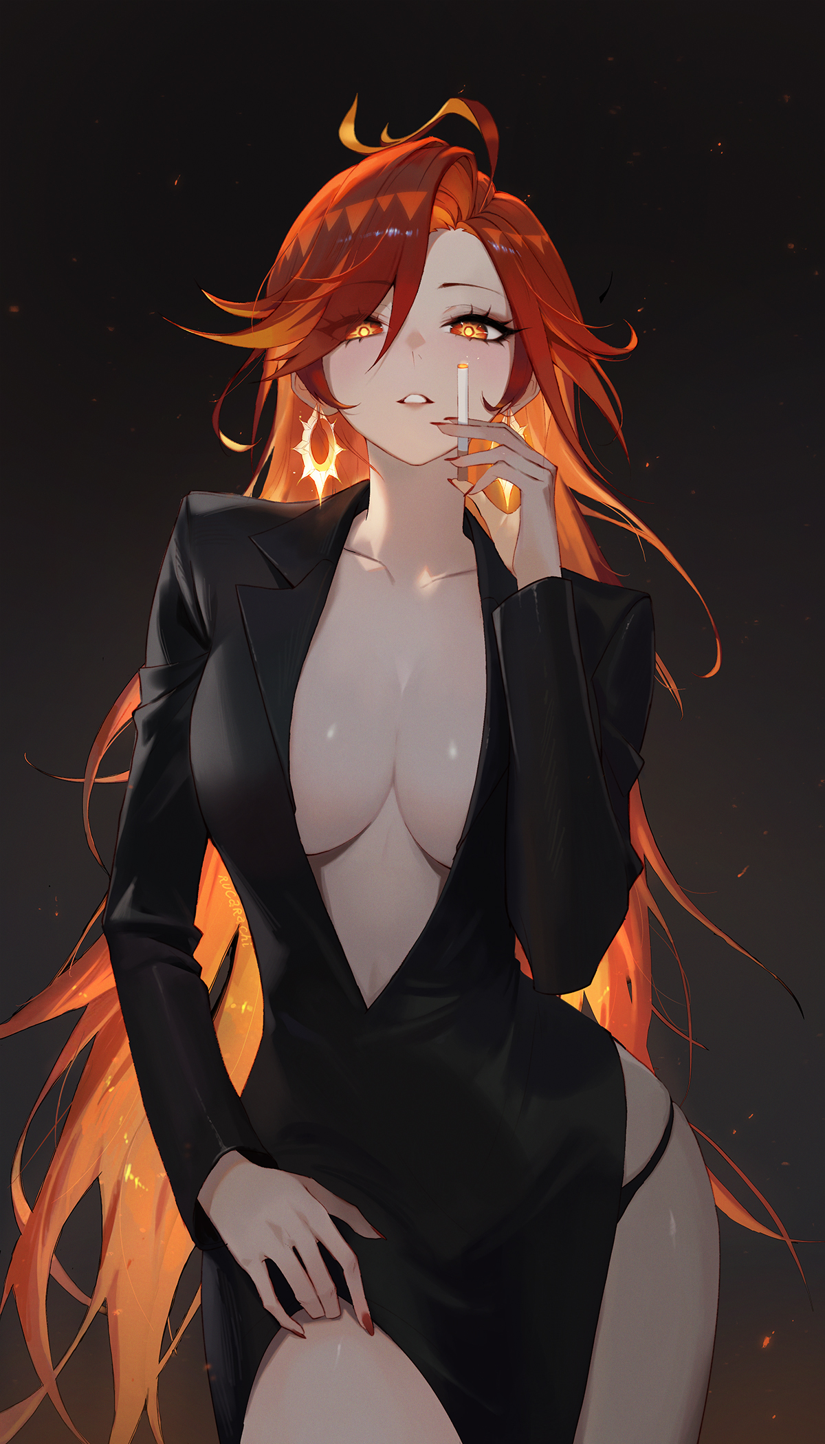 black clothing, black panties, cigarette, cleavage, collarbone, earrings, female, female only, genshin impact, hips, light skin, light-skinned female, long hair, looking at viewer, mavuika (genshin impact), nail polish, orange hair, red eyes, red hair, red nails, rucarachi, solo female, two-tone hair