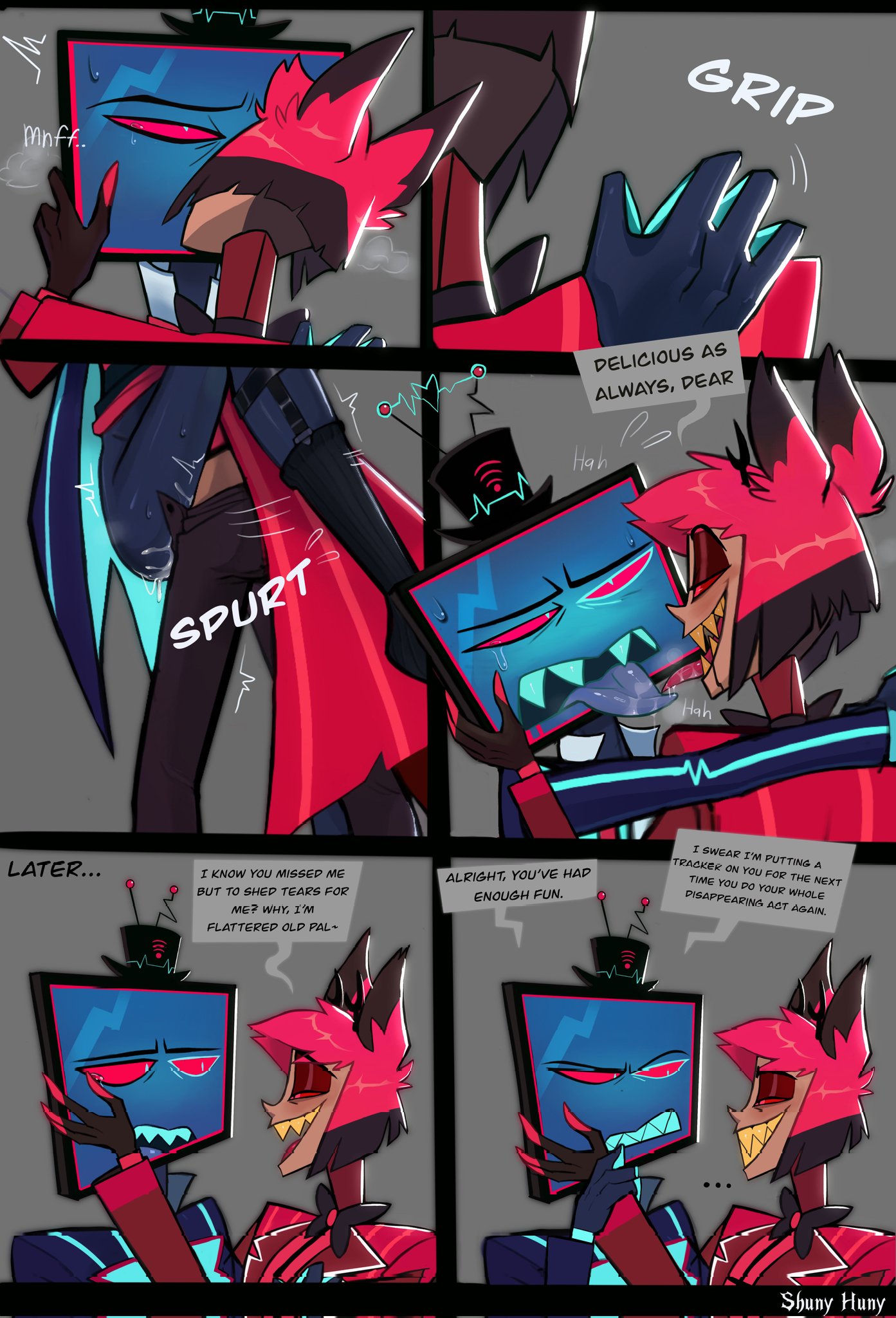 2boys, against surface, against wall, alastor (hazbin hotel), ass, comic, crying, cum, cum in ass, cum inside, dialogue, english, english text, fast thrusts, gay, gay sex, hazbin hotel, hellaverse, kissing, leg grab, lifting, making out, male, male only, penis, penis in ass, shunyhuny, tongue, tongue out, vox (hazbin hotel), yaoi