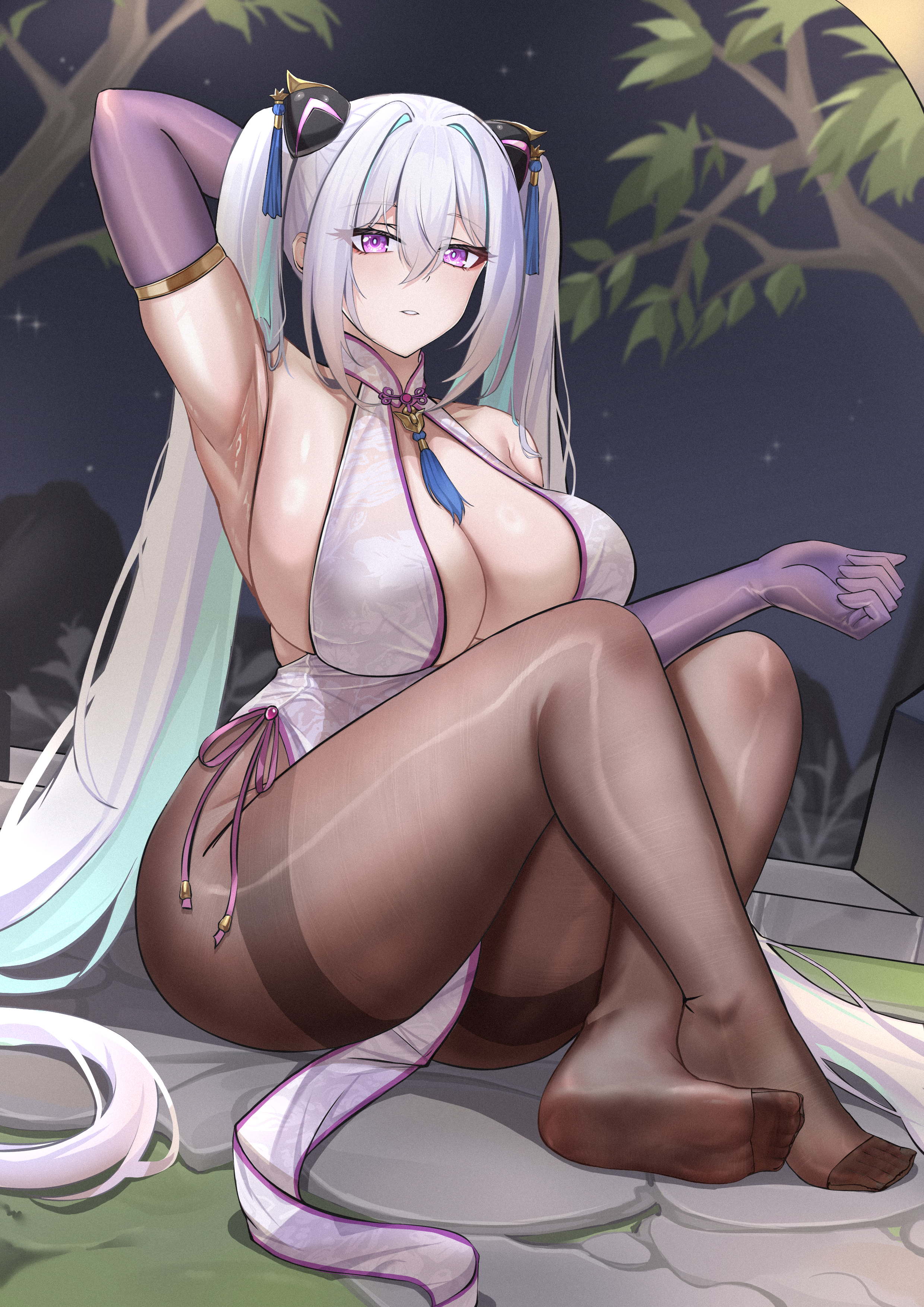 absurdres, aqua hair, armpits, azur lane, bare shoulders, breasts, china dress, chinese clothes, cleavage, dress, elbow gloves, female, gloves, hair between eyes, hair intakes, highres, kaijiba, kearsarge (azur lane), kearsarge (springtime monitoring) (azur lane), large breasts, long bangs, long hair, looking at viewer, multicolored hair, no shoes, official alternate costume, pantyhose, parted lips, pelvic curtain, presenting armpit, shiny skin, soles, solo, thick thighs, thighs, tsurime, twintails, two-tone hair, very long hair, white hair