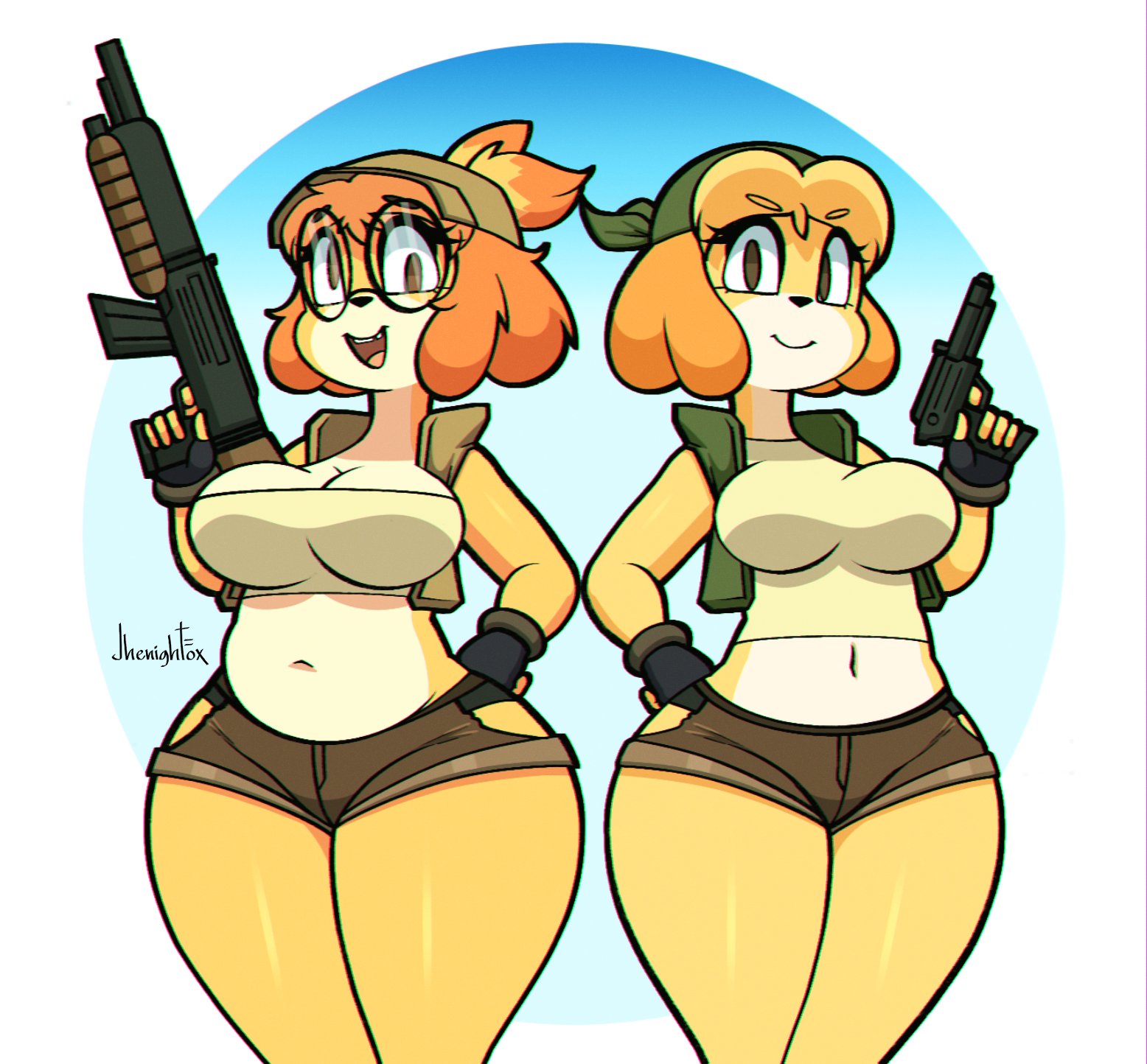 animal crossing, big breasts, breasts, cleavage, derpybelle, female, furry, huge breasts, isabelle (animal crossing), jhenightfox, thick thighs, wide hips