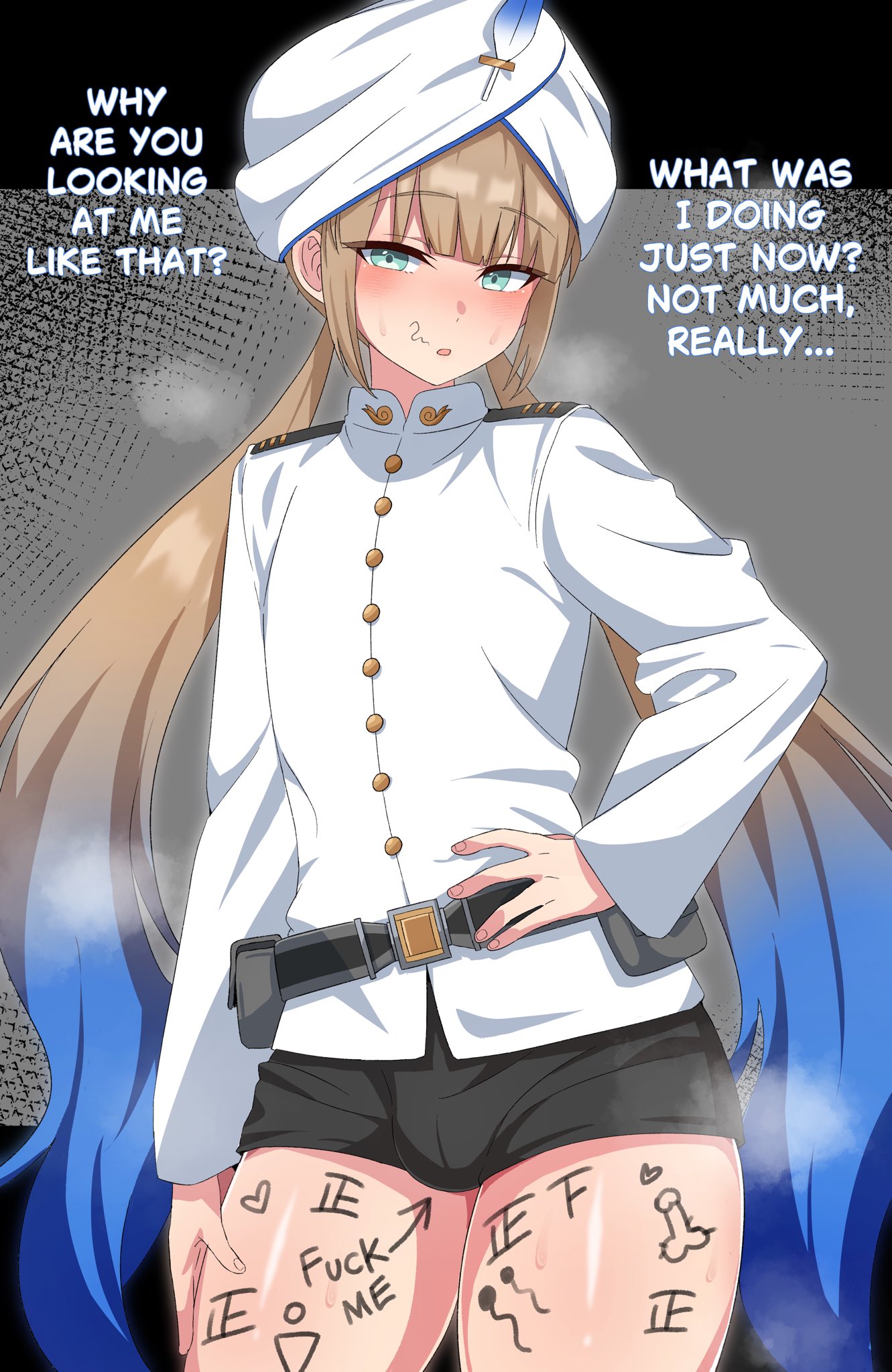 1boy, alternate version available, bare shoulders, belt, blue eyes, blue hair, blush, body writing, bulge, english text, fate (series), fate/grand order, femboy, femboy focus, front view, girly, gray hair, hand on hip, hat, human, light skin, light-skinned femboy, light-skinned male, long hair, looking at viewer, male, male focus, male only, multicolored hair, nemo (fate), shiny, shiny skin, simple background, solo, standing, stray pubic hair, sweat, text, tied hair, trap, twintails, vein, very long hair, zanegoodell