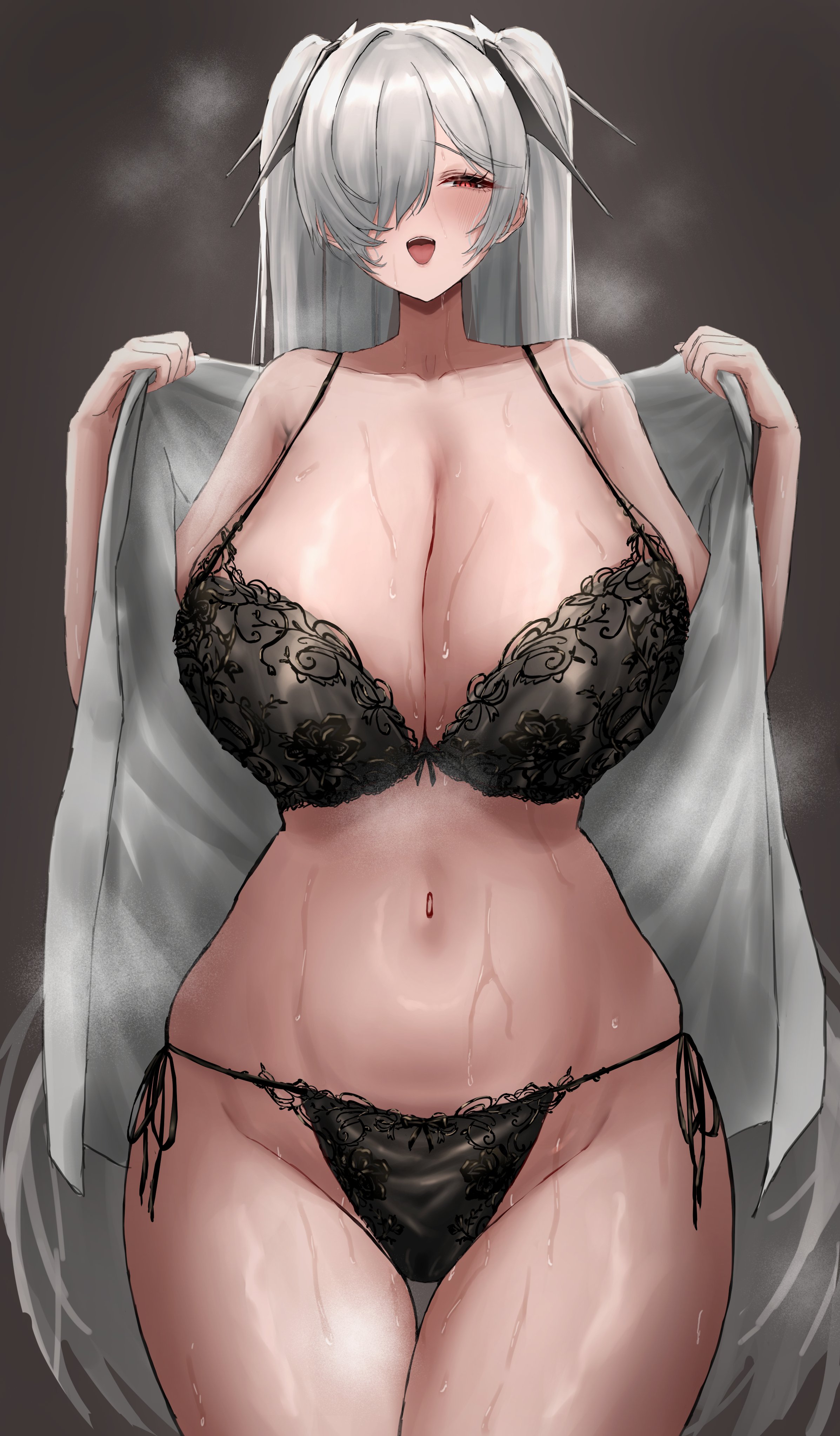 1girls, absurdres, black bra, black panties, blush, bow, bow bra, bow panties, bra, breasts, cinderella (nikke), cleavage, female, goddess of victory: nikke, hair over one eye, highres, huge breasts, long hair, looking at viewer, navel, one eye covered, open clothes, open mouth, panties, red eyes, shaddoll fusion, side-tie panties, smile, solo, stomach, sweat, twintails, underwear, very long hair, white hair