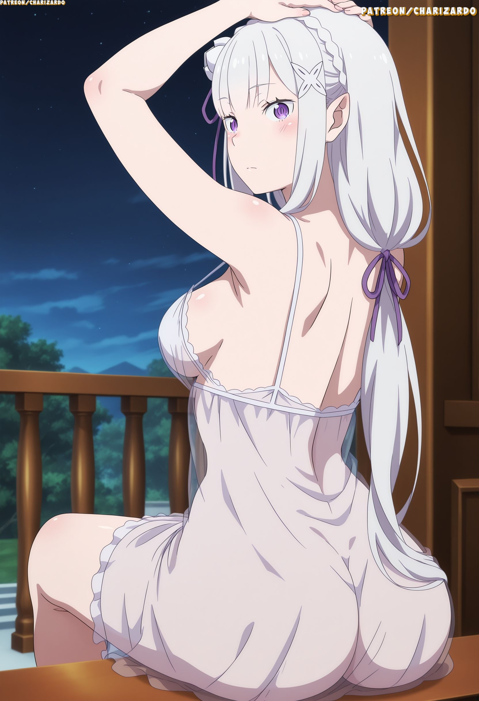 ai generated, ass, ass focus, big ass, big breasts, breasts, charizardo, elf, elf ears, elf female, elf girl, emilia (re:zero), enormous ass, female, female focus, large breasts, long hair, looking at viewer, nipples, nude, nude female, pov, re:zero kara hajimeru isekai seikatsu, silver hair, violet hair