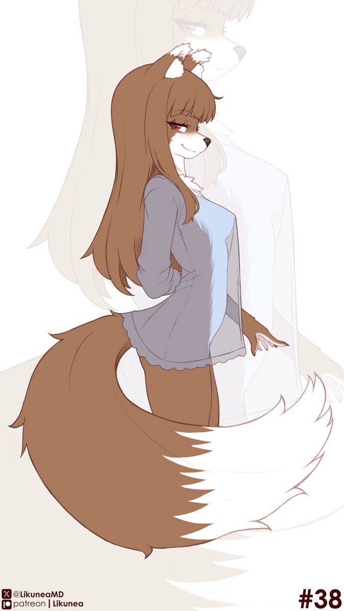 1girls, animal ears, animal tail, babydoll, blue babydoll, brown fur, brown hair, brown-haired female, claws, female, female only, fluffy, fluffy tail, furrification, furry, furry ears, furry female, furry tail, hime cut, holo, likunea, long hair, long-haired female, looking at viewer, red eyes, red-eyed female, side view, sole female, spice and wolf, tagme, tail, wolf ears, wolf girl, wolf tail