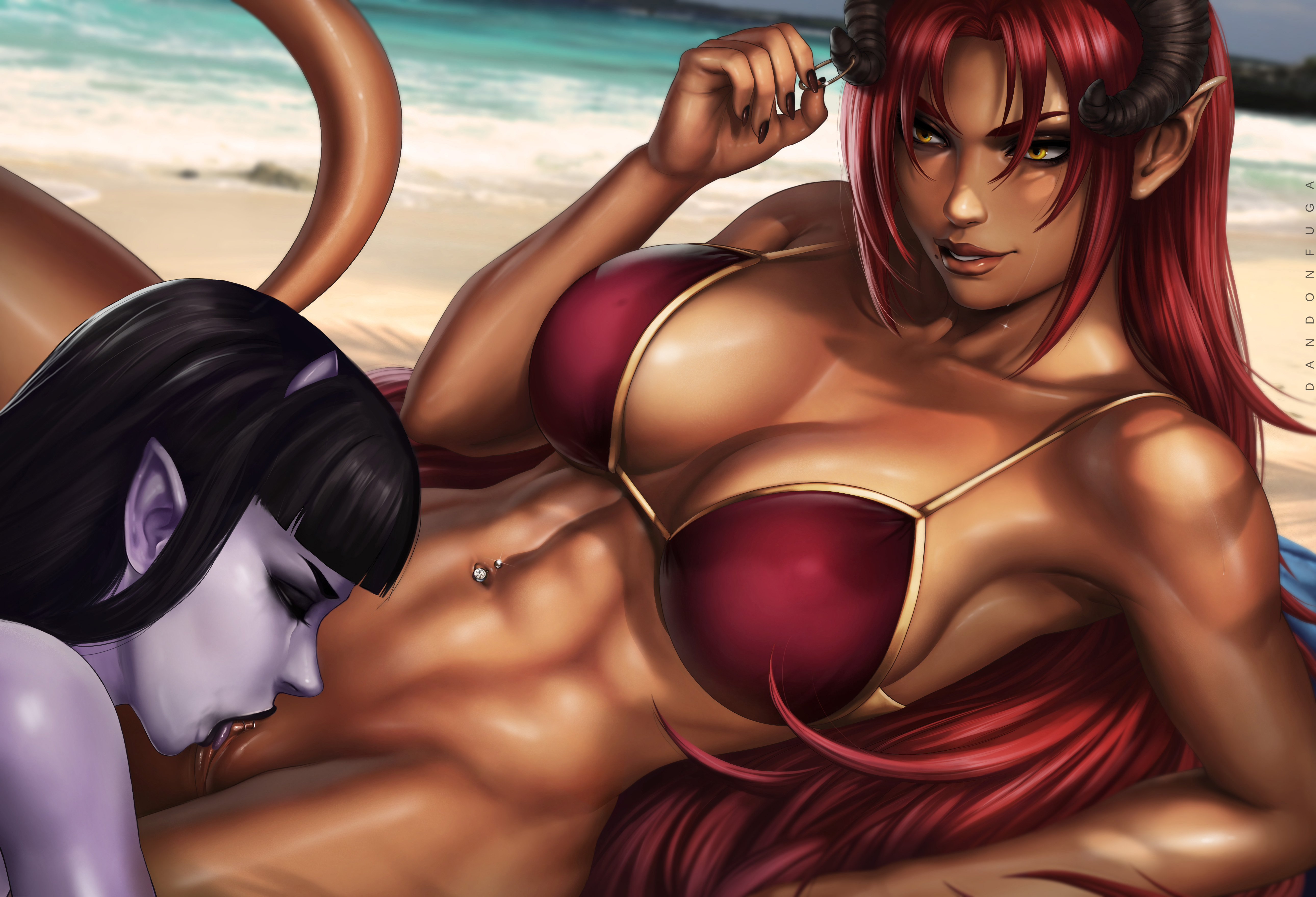 2girls, abs, absurdres, audelia (dandon fuga), beach, big breasts, bikini, bottomless, breasts, cunnilingus, dandon fuga, demon, demon girl, demon horns, female, female only, highres, horns, large breasts, lilli (dandon fuga), multiple females, multiple girls, navel piercing, original, original characters, pointy ears, red hair, succubus, tagme, tail, tan skin, yellow eyes, yuri