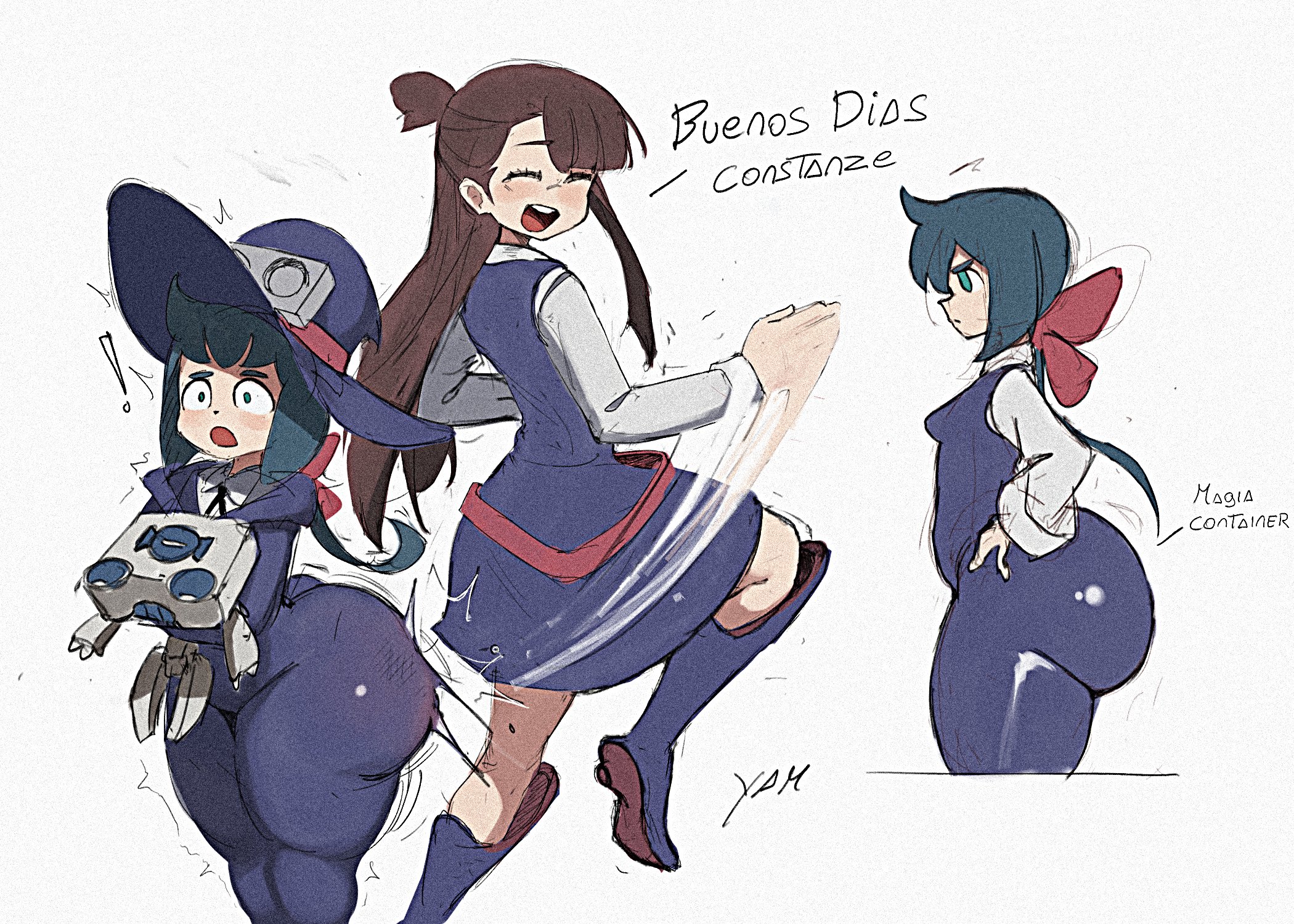 2girls, ass, ass slap, atsuko kagari, blue hair, blush, breasts, buenos dias mandy, constanze amalie von braunschbank-albrechtsberger, evil container, female, female only, hat, huge ass, little witch academia, luna nova school uniform, school uniform, shiny skin, spanish text, stanbot (little witch academia), thick thighs, wide hips, witch hat, yamyamshimete (artist)