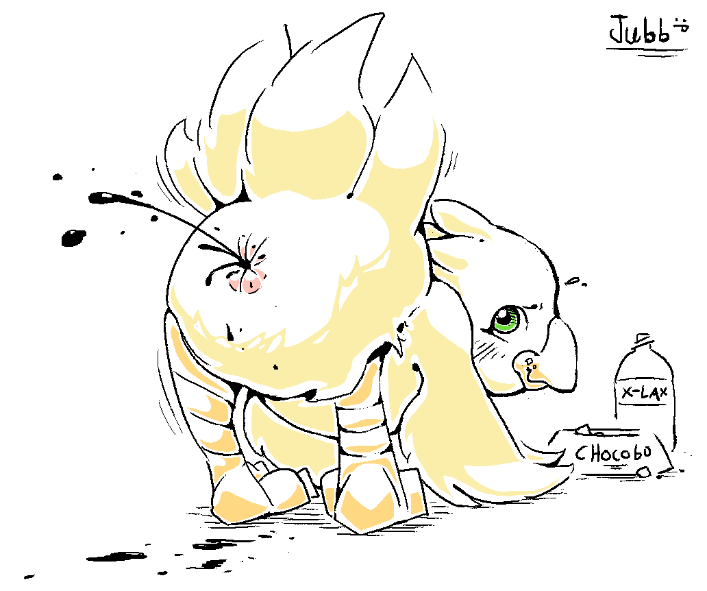 2022 ambiguous_gender animal_genitalia artist_name ass_up avian beak blush blush_lines bodily_fluids bottle bowl chocobo cloaca container crumbs crumbs_on_face diarrhea feathers feces feces_on_body feces_on_butt feces_on_ground feral final_fantasy food_bowl genitals green_eyes jubb laxative looking_back monochrome motion_lines name_on_object pet_bowl pooping_on_floor round_cloaca scat shaded simple_background solo square_enix sweat sweatdrop tail tail_feathers text white_background yellow_beak yellow_body yellow_feathers yellow_legs yellow_tail_feathers