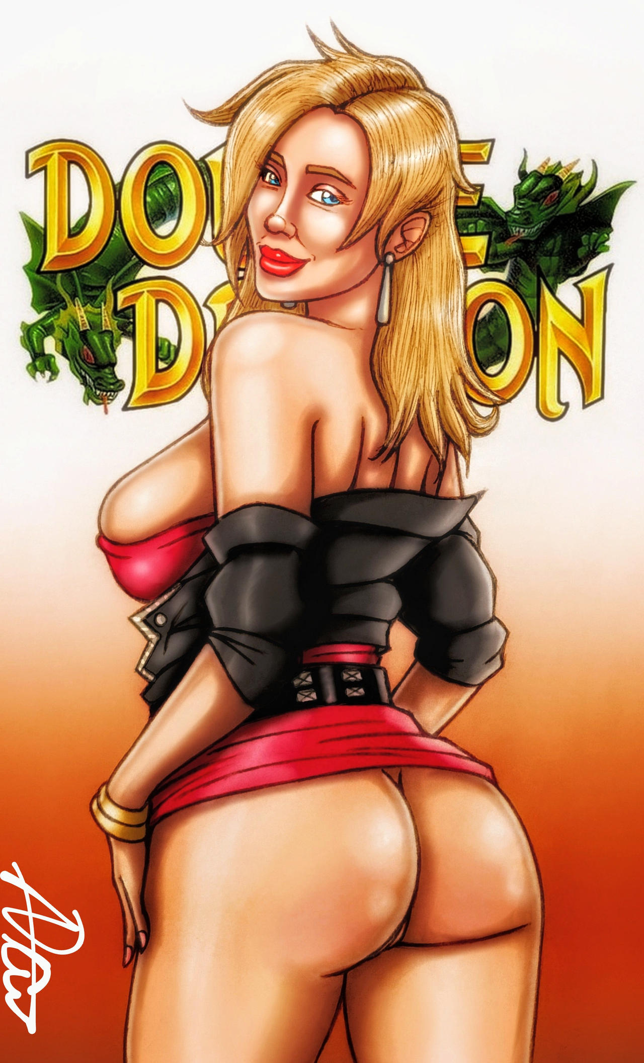2d ass blonde_hair bronxboy79 bubble_butt busty double_dragon exhibitionism exposed female female_focus female_only hourglass_figure long_hair marian_(double_dragon) nude nude_female nudity pinup pinup_pose rear_view sideboob signature tagme wide_hips