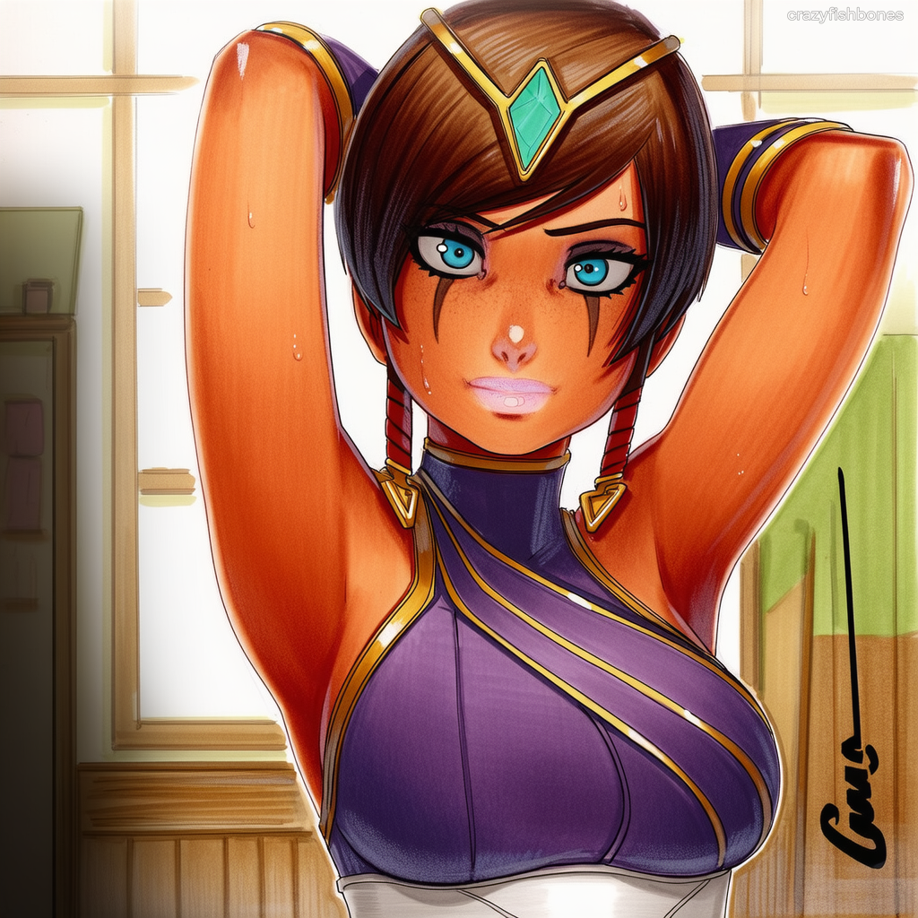 2025 ai_generated armpits arms_up artist_name breasts brown_hair crazyfishbones dark-skinned_female dark_skin female jewelry large_breasts original solo