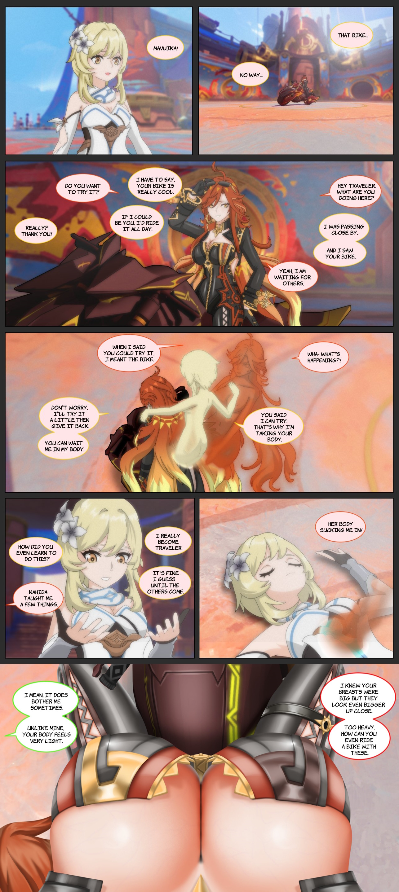 ass, body swap, breasts, comic, crossover, enormous breasts, female, female pov, genshin impact, huge ass, huge breasts, leofi tsf, lumine (genshin impact), mavuika (genshin impact), motorcycle, natlan girls, possession, wide hip