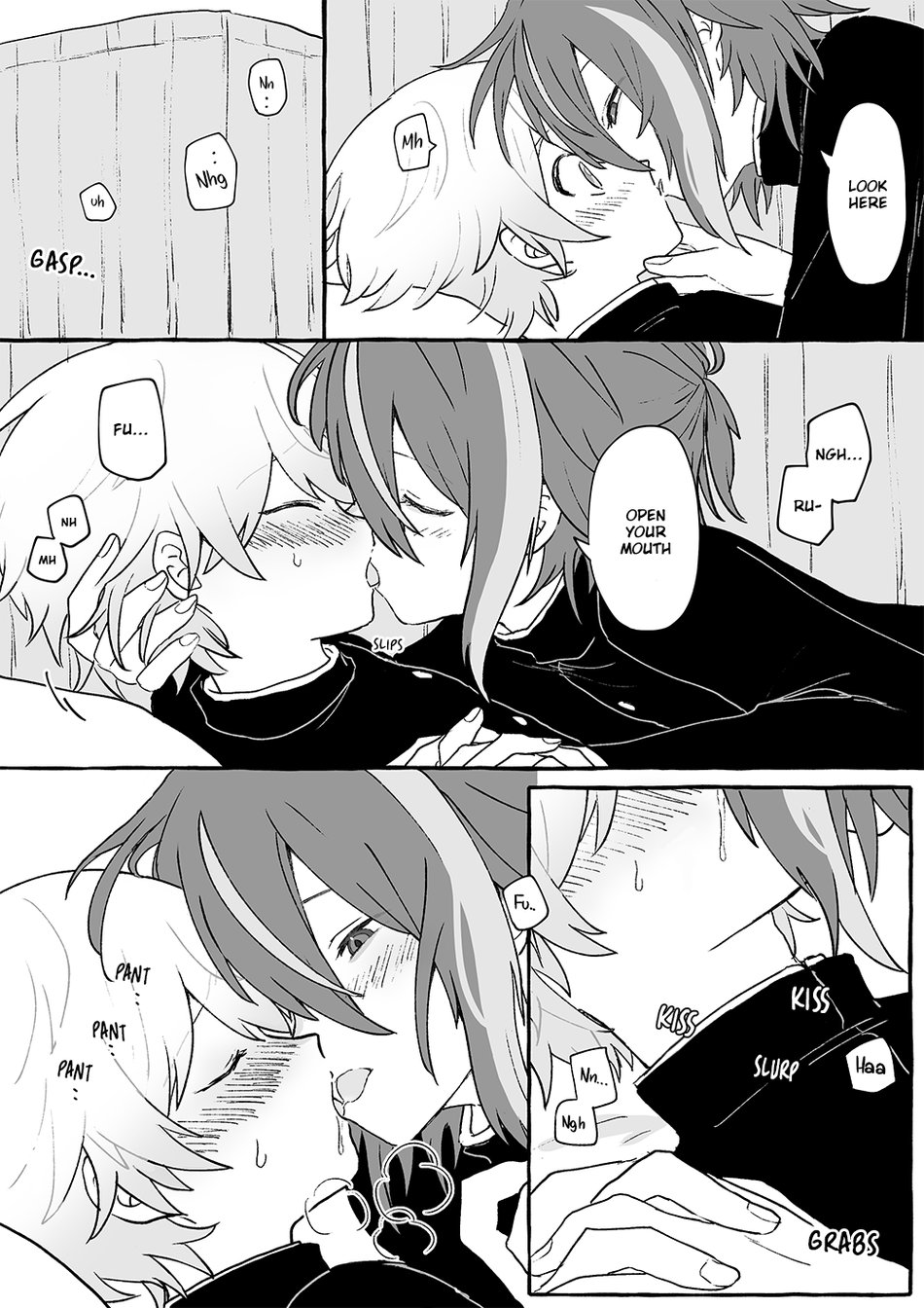 2boys, boys, comic, dialogue, english text, gay, kamishiro rui, kissing, male, male focus, male only, male/male, manga page, middle school, monochrome, project sekai, school uniform, tenma tsukasa, text, yaoi