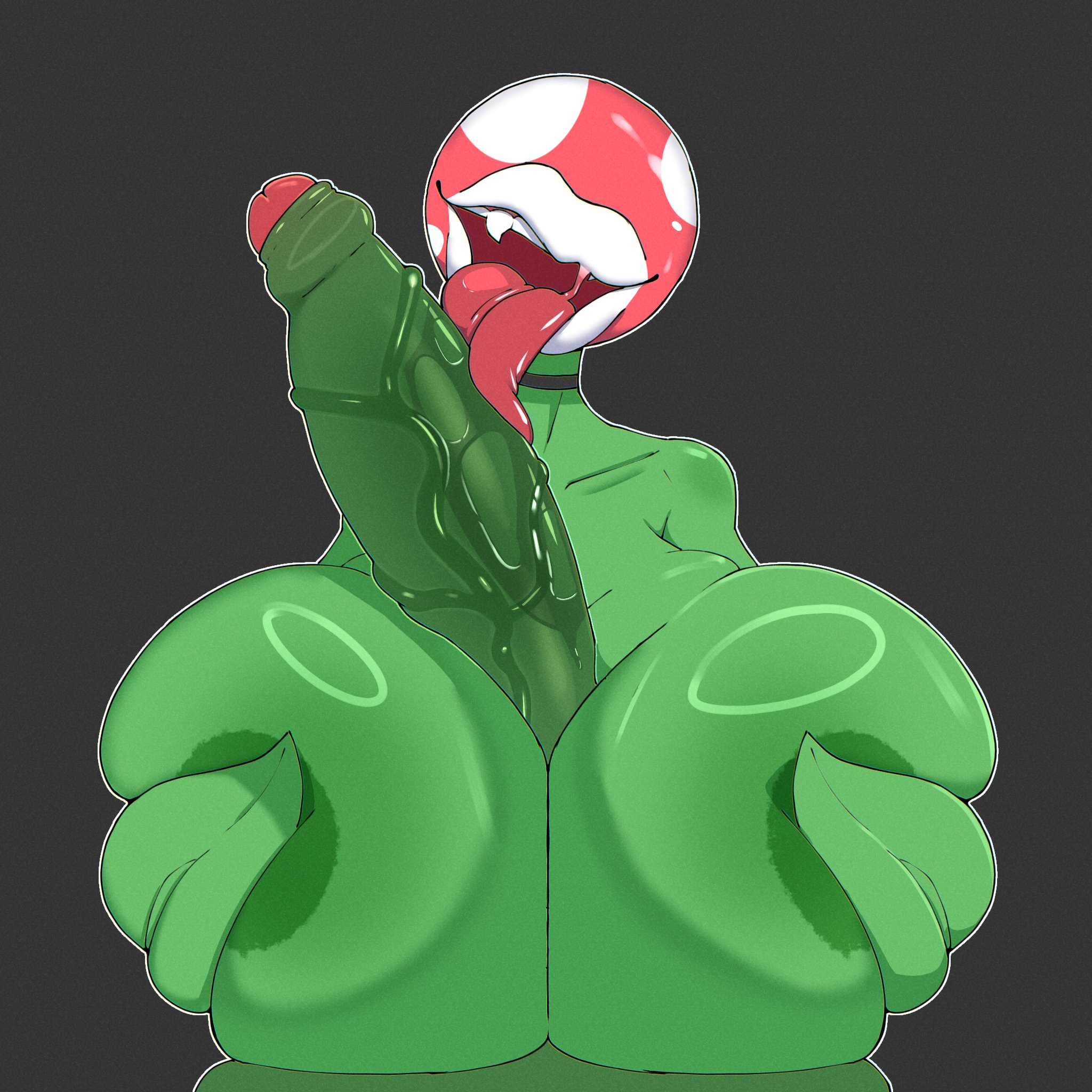 1boy, 1girls, anthro, areolae, big breasts, big cock, big penis, boobjob, breasts, breasts bigger than head, choker, duo, enormous breasts, eyeless, female, female anthro, foreskin, green body, green skin, grey background, huge breasts, huge cock, large breasts, large penis, licking penis, long penis, male, male/female, mario (series), massive breasts, megamor, nintendo, paizuri, penis, piranha plant, plant, plant humanoid, plump lips, pov, round head, shiny skin, spots, thick lips, titjob, tongue, tongue out, top heavy, uncircumcised, veiny cock, veiny penis, white lips, white spots