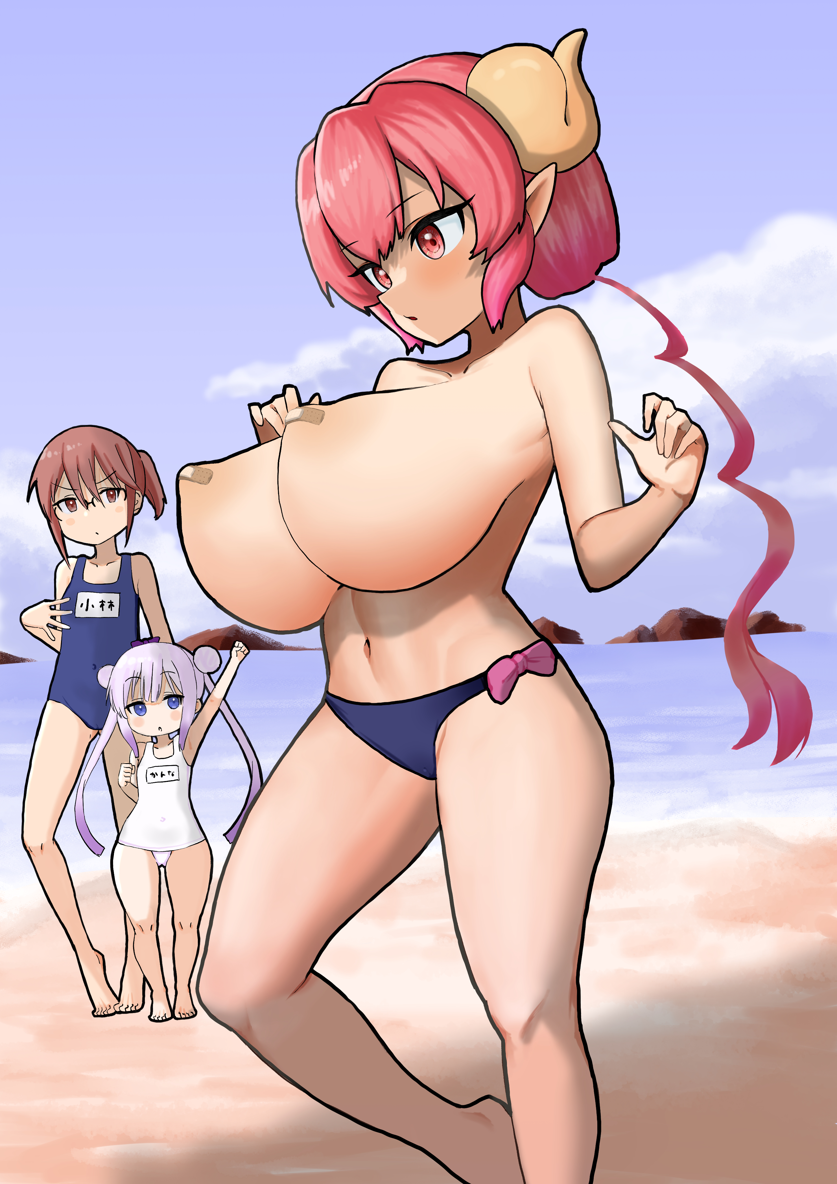 3girls, alternate version available, areolae, bandaid, bandaids on nipples, bare arms, bare chest, bare legs, beach, big breasts, bikini, bikini bottom, blush, breasts, dragon girl, female, female focus, female only, fit, fit female, horns, huge breasts, ilulu (dragon maid), kanna kamui, kobayashi, large breasts, lavender hair, midriff, mik4, miss kobayashi's dragon maid, multiple females, multiple girls, navel, ocean, one-piece swimsuit, outdoors, pink eyes, pink hair, pixiv, public topless, red hair, sand, short hair, sky, standing, thick thighs, thighs, topless, underboob