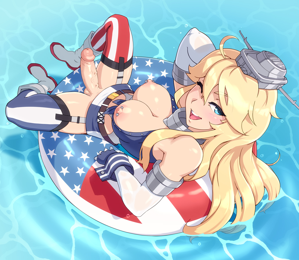 1futa balls blonde_hair blue_eyes breasts dickgirl erection futa_only futanari intersex iowa_(kantai_collection) kantai_collection large_breasts large_penis long_hair nipple_piercing nipples owler penis smile solo testicles veiny_penis wing