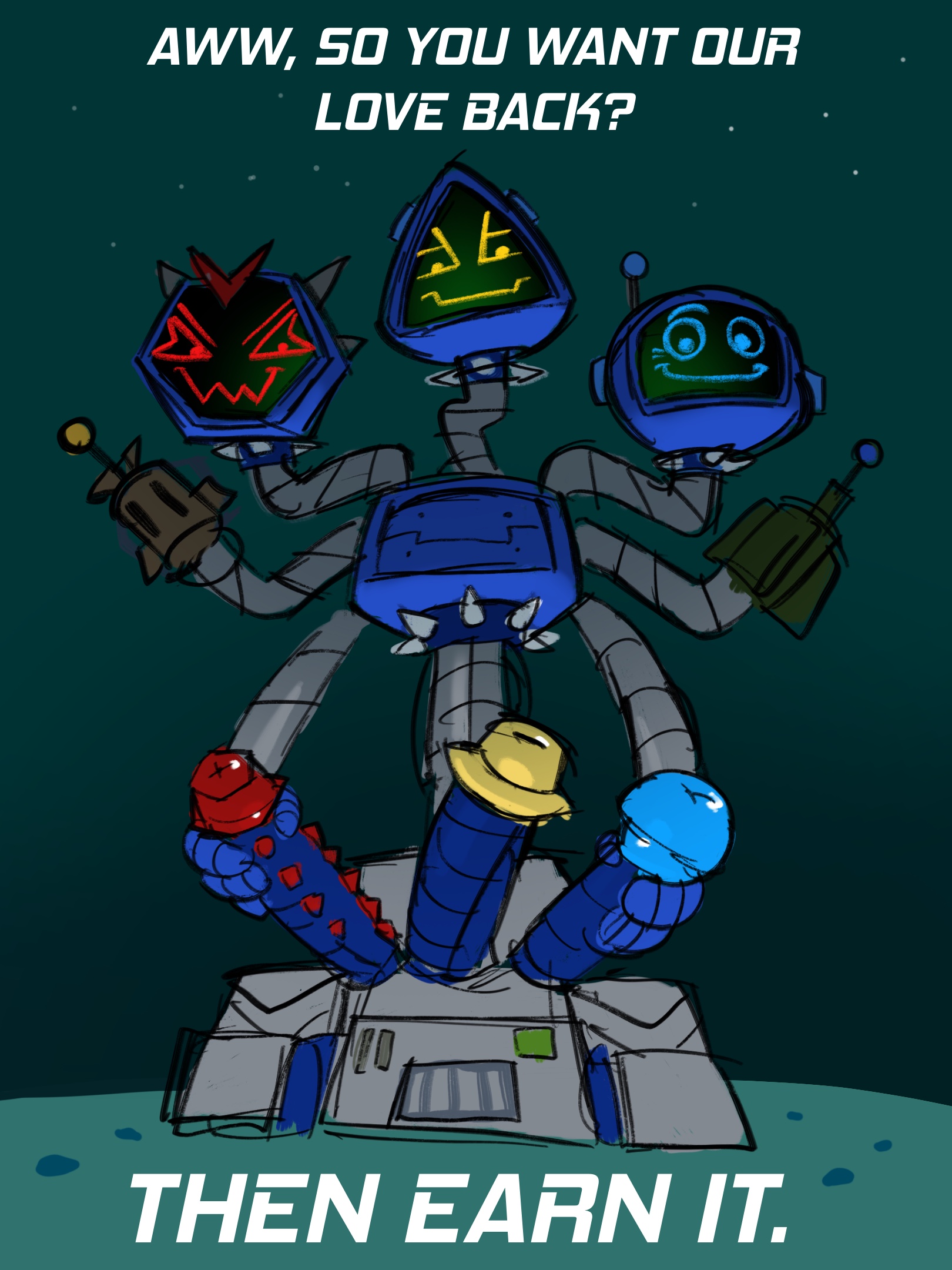 .als, 3 heads, 3 penises, anthro, before sex, breasts, cartoony, dominant, dominant female, evil grin, eye contact, female, flat chest, futa only, futadom, futanari, grey body, hard on, holding penis, hydra karen, intersex, karen plankton, looking at viewer, looking down, multi genitalia, multi head, multi penis, nickelodeon, no breasts, no humans, non-human, penis, plankton the movie, robot, robot girl, robot penis, shaded, spongebob squarepants, super evil karen, super smart karen, super snarky karen, text, triphallia, tv face, tv head, tv screen, wheels