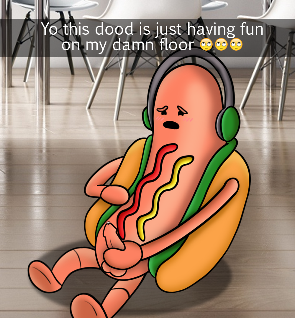 2017 balls blush english_text erection food headphones hot_dog hot_dog_(snapchat) ketchup male masturbation meme mustard no_humans open_mouth penis precum sausage snapchat social_media solo text what