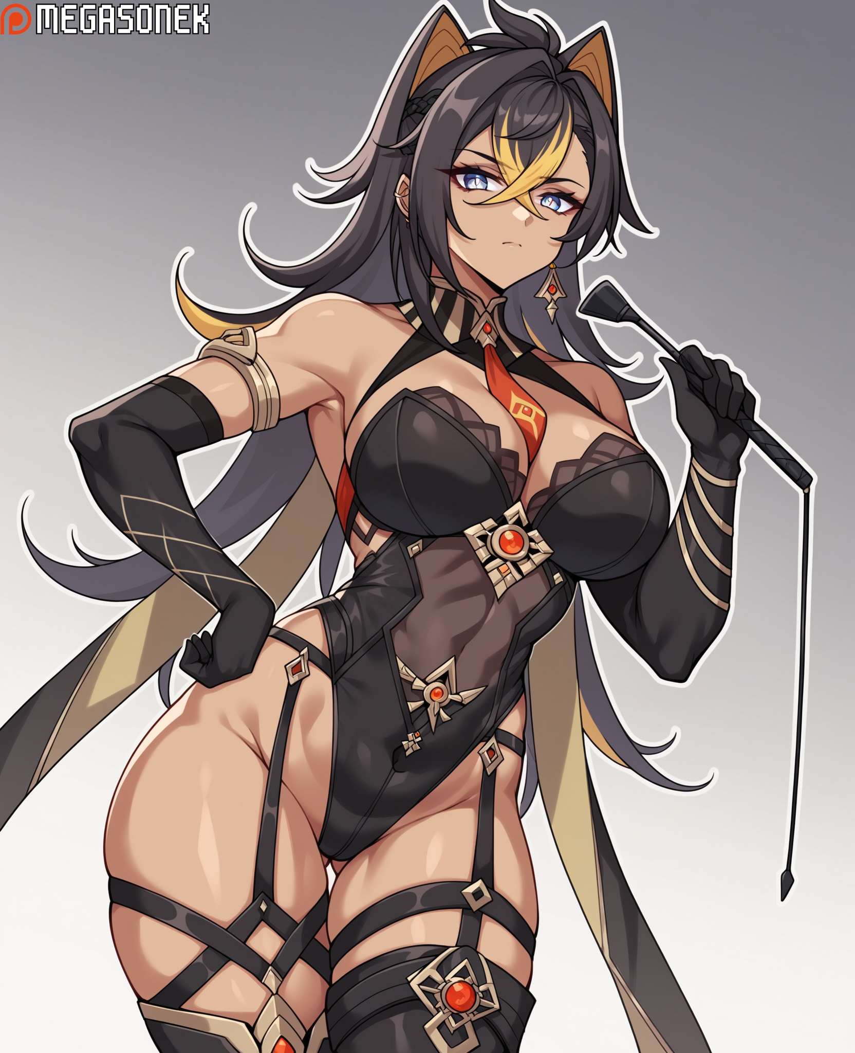 ai generated, animal ears, ass visible through thighs, bangs, bare shoulders, between breasts, black gloves, black hair, black leotard, black thighhighs, blonde hair, blue eyes, breasts, cleavage, closed mouth, covered navel, cowboy shot, crossed bangs, dark skin, dark-skinned female, dehya (genshin impact), earrings, elbow gloves, female, garter straps, genshin impact, gloves, gradient, gradient background, grey background, hair between eyes, hand on hip, highleg, highleg leotard, holding, hoyoverse, jewelry, large breasts, leotard, long hair, looking at viewer, megasonek, mihoyo, multicolored hair, necktie, patreon username, red necktie, solo, streaked hair, thighhighs, thighs, watermark