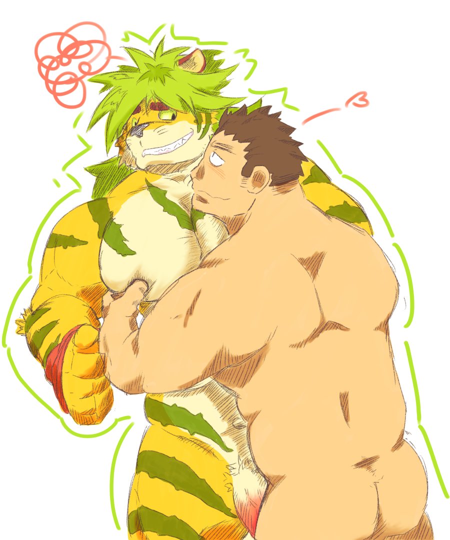 abs anthro ass blush feline flaccid hug human human_on_anthro interspecies macan_(tokyo_afterschool_summoners) magan male male_only mammal muscular muscular_male nude pecs penis tiger tokyo_afterschool_summoners unmuchunmuch yaoi