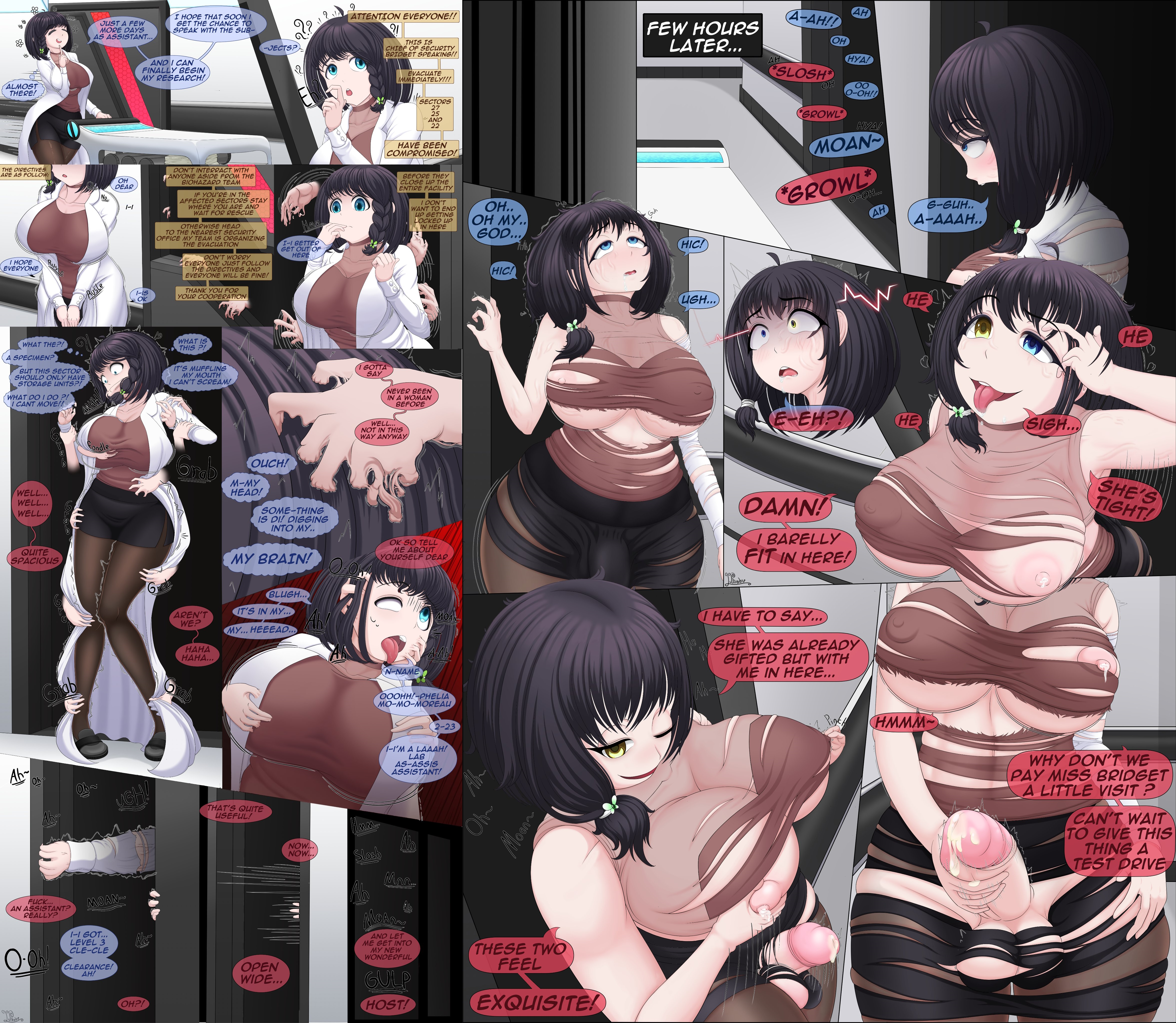 1futa, 1girls, alien, ass, ass expansion, balls, big breasts, big penis, body invasion, body modification, breast expansion, breast growth, breast growth (enlargement), breasts, comic, comic page, doppelganger, english text, erection, female, female to futa, fusion, futa transformation, futanari, genital growth, hip growth, huge ass, huge breasts, huge cock, human, humanoid, humanoid penis, identity death, intersex, labcoat, laboratory, light skin, light-skinned female, light-skinned futa, merging, nude, parasite, penis, penis growth, phobu, possession, ripped clothing, text, transformation, wide hips
