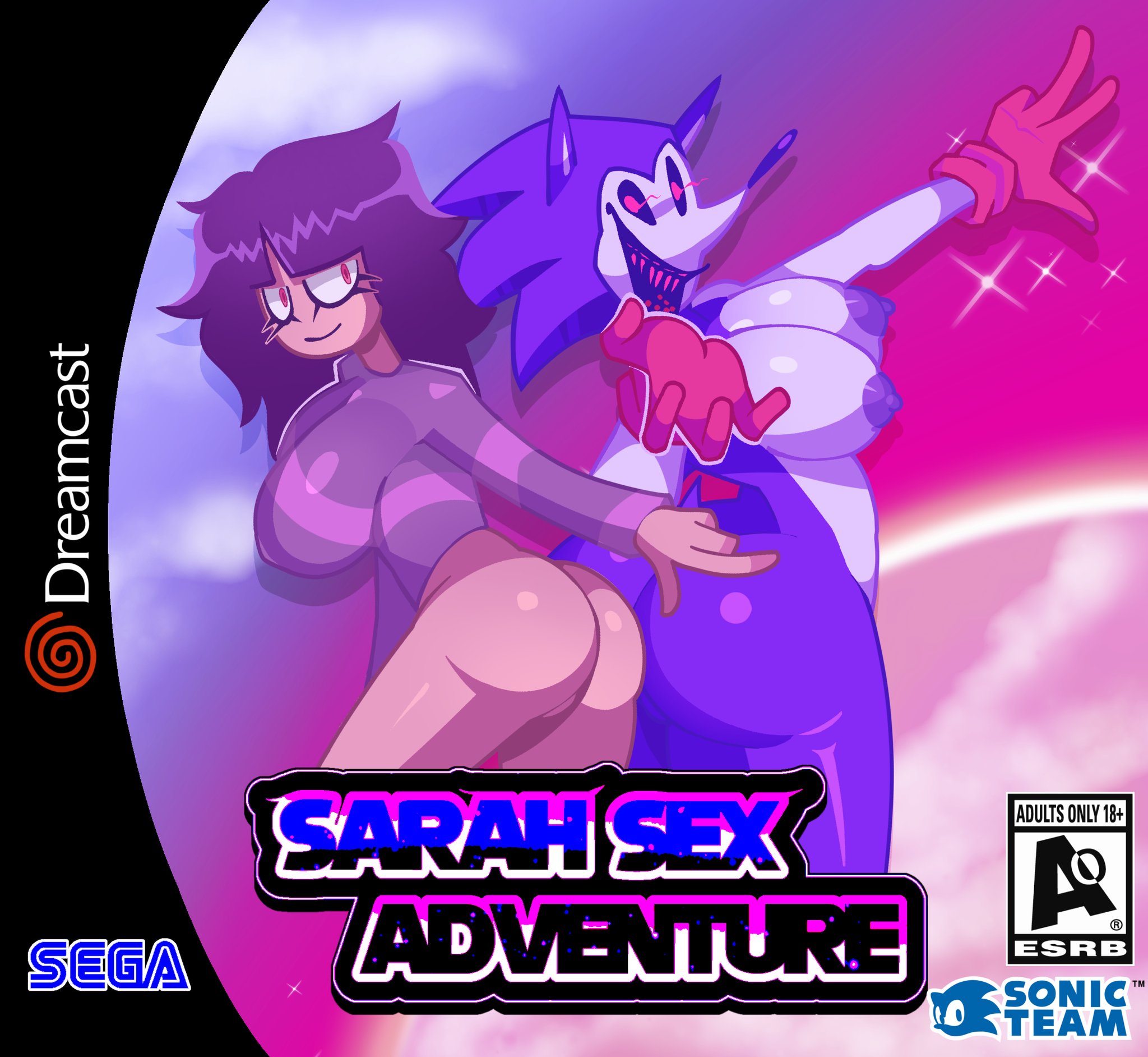 2girls, ass, big ass, big breasts, big butt, black sclera, bottomless, bottomless female, breasts, digital art, fake boxart, female, female focus, female only, hcyclops66, looking at viewer, mockup, needlemouse (character), needlemouse (series), red eyes, red gloves, red teeth, sarah henderson (needlemouse), sharp teeth, sonic.exe, sonic.exe (series), sweater, tagme