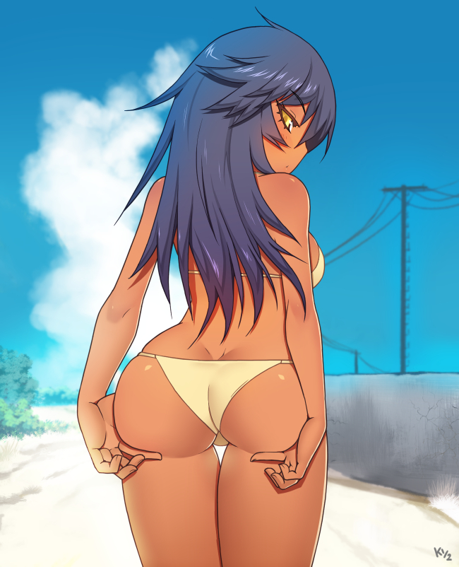 ass bikini blush breasts chinatsu_(kuroonehalf) dark-skinned_female dark_skin dat_ass female female_only kuroonehalf long_hair looking_at_viewer looking_back medium_breasts solo swimsuit tagme