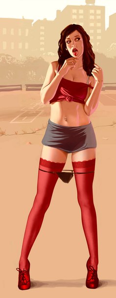 black panties, breasts, brown eyes, brown hair, buildings, cleavage, female, grand theft auto, grand theft auto iv, grey skirt, high heels, lola del rio, lollipop, looking to the side, open mouth, panties removed, red high heels, red legwear, red lips, red shirt, skirt, standing, tongue, tongue out