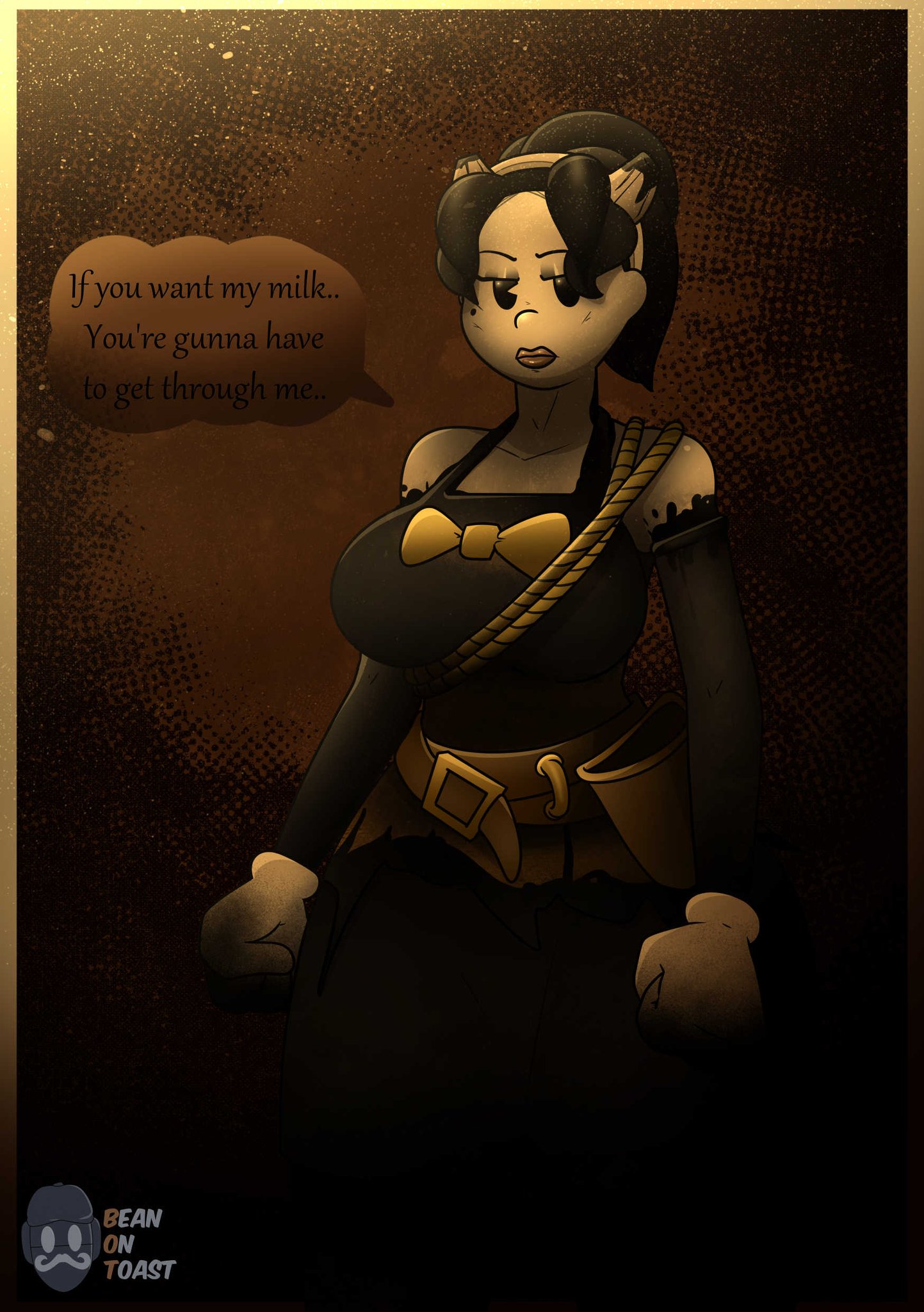 2025, 2d, 2d (artwork), 2d artwork, alice angel, allison angel, allison pendle, artist logo, artist name, beanontoast, bendy and the ink machine, big breasts, black hair, black lipstick, breasts, dialogue, female, female only, thick thighs