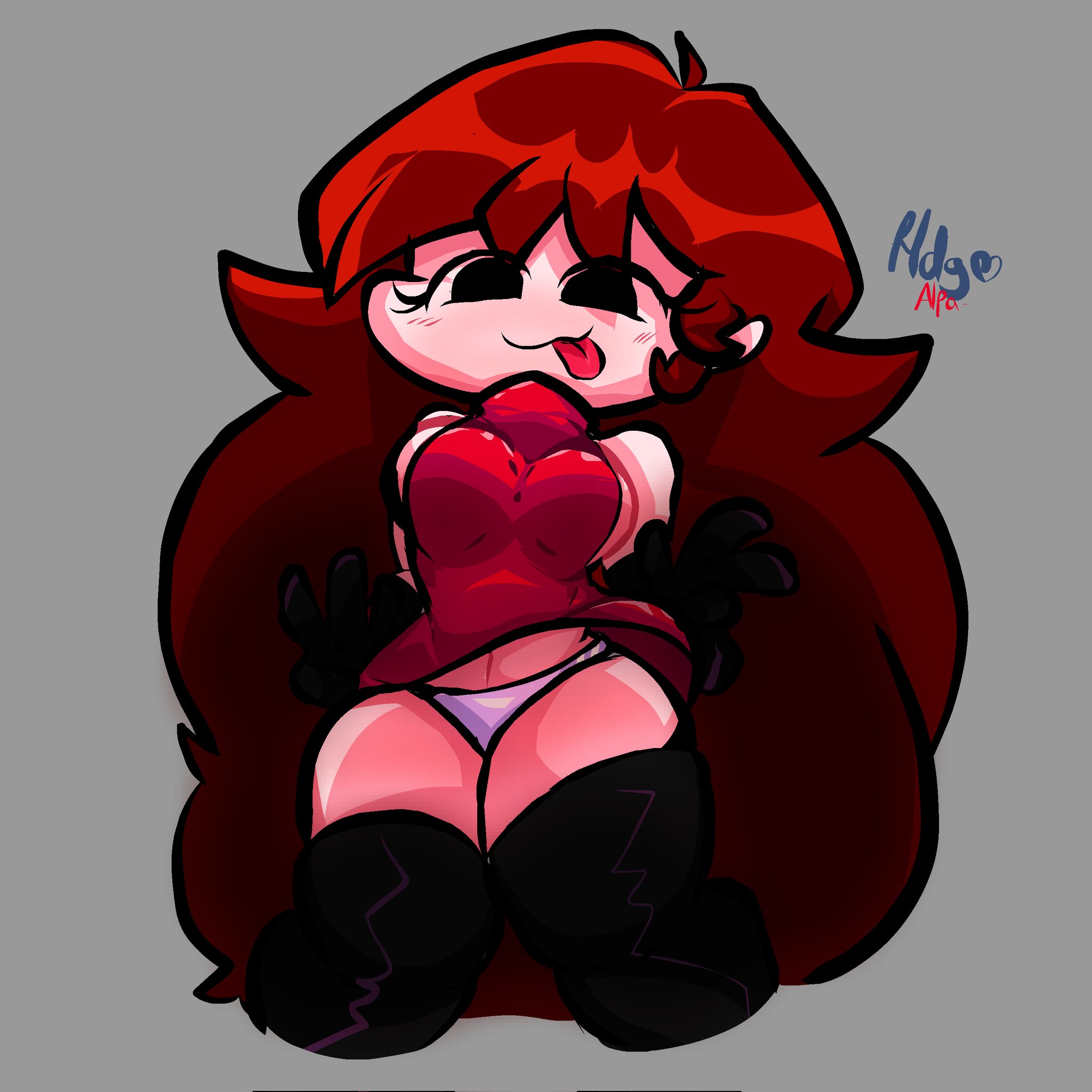 auburn hair, black gloves, black legwear, breasts, dress, dress lift, female, friday night funkin, girlfriend (friday night funkin), gloves, heartdiegold, looking down, panties, red dress, sideboob, sticking out tongue, thighhighs, thighs, upskirt, white panties