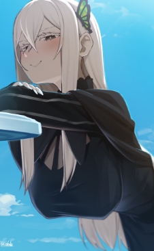 1girls, ai generated, blush, boobs hang, breasts, echidna (re:zero), female, looking at viewer, re:zero kara hajimeru isekai seikatsu, white hair