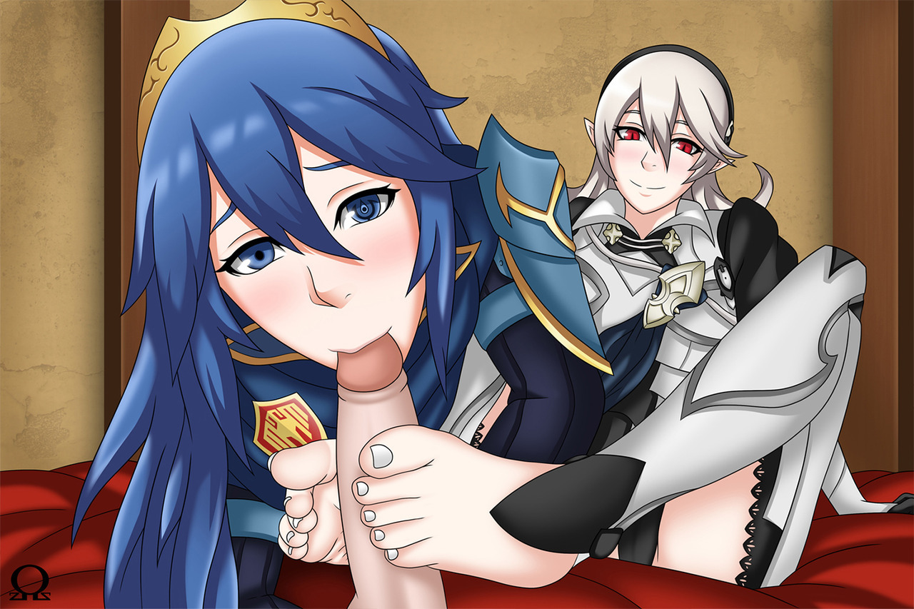 2girls, barefoot, blowjob, blue eyes, blue hair, blush, corrin (fire emblem), corrin (fire emblem) (female), feet, fellatio, female, fire emblem, fire emblem awakening, fire emblem fates, flowjob, foot fetish, footjob, footjob with legwear, looking at viewer, lucina (fire emblem), multiple females, multiple girls, nail polish, naughty face, omegazero01, oral, pov, pov feet, red eyes, smile, soles, suckling, toeless legwear, toenail polish, toes, white hair, white toenails