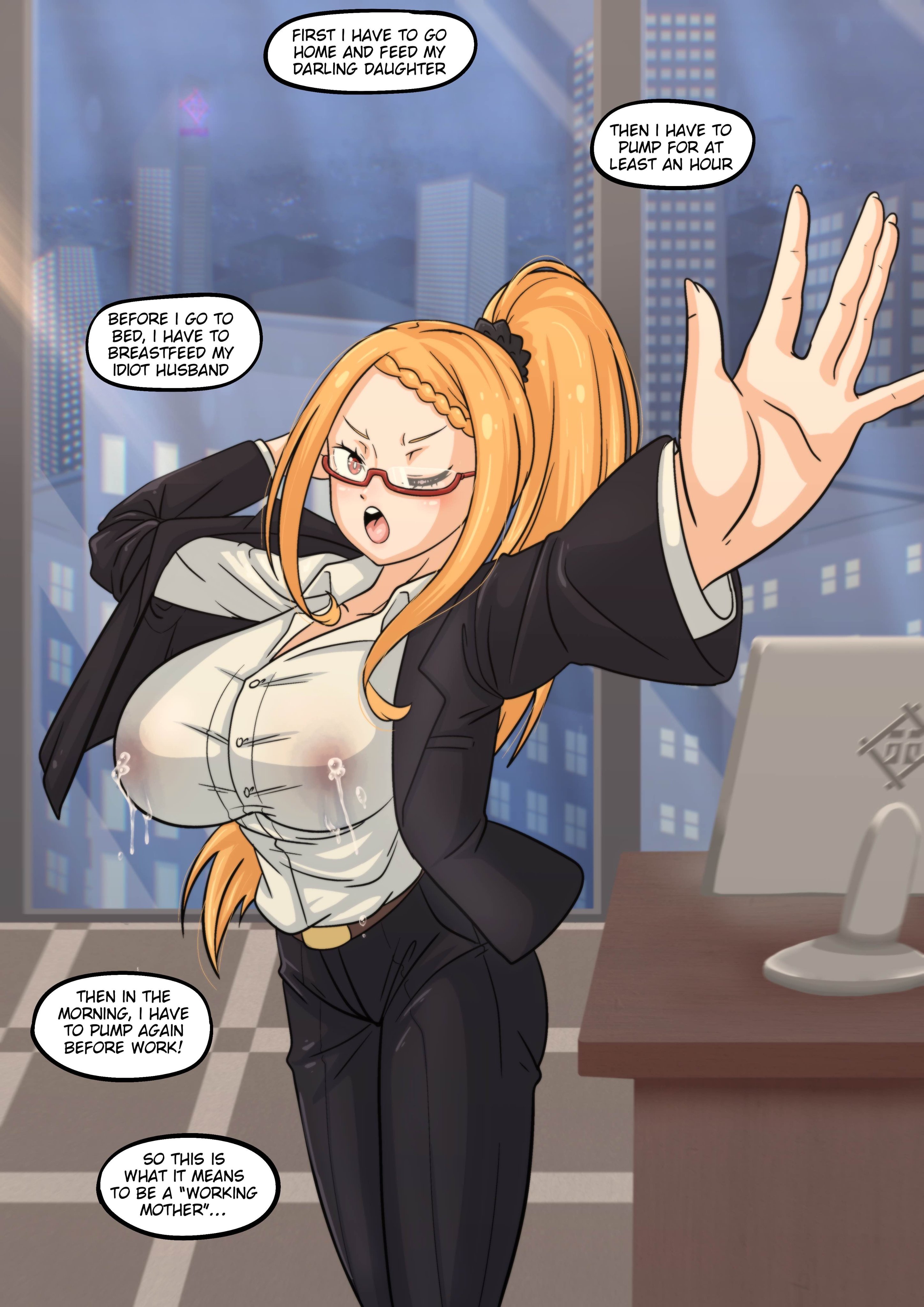 1girls, big breasts, english text, lactation, milf, mother, orange hair, ponytail, priscilla barielle, re:zero kara hajimeru isekai seikatsu, red eyes, suit, tagme, text, text bubble, wacum