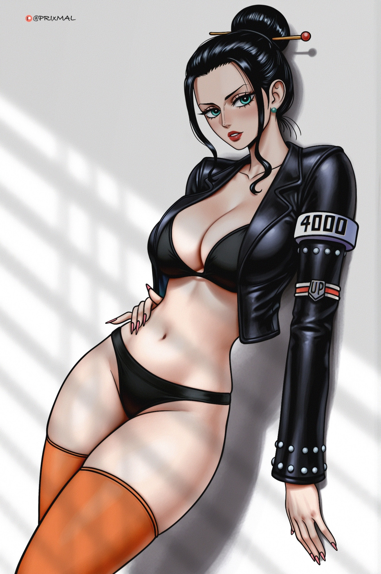 1girls, artist name, black hair, black-haired female, blue eyes, breasts, busty, cleavage, clothing, curvy, earrings, egghead, female, female only, hair bun, hand on hip, jacket, light skin, light-skinned female, midriff, nico robin, nico robin (egghead), one piece, one piece: egghead arc, prixmal, small waist, thighhighs, thighs