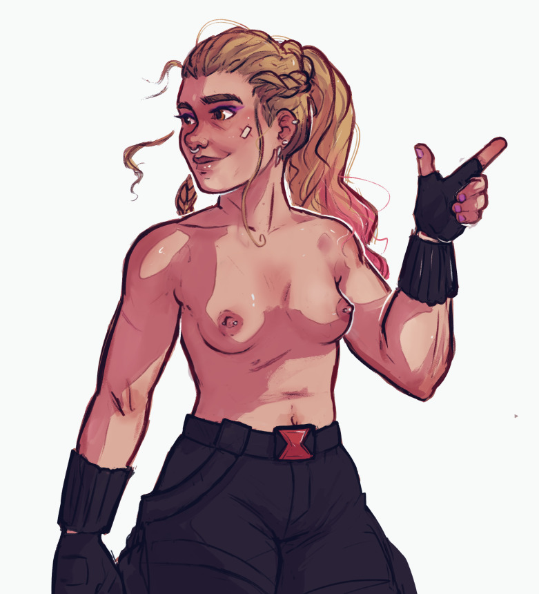 bandaid, bandaid on face, belt, black widow (movie), blonde hair, breasts, brown eyes, casual, clothing, critter-of-habit, ear piercing, female, fingerless gloves, florence pugh, human, marvel, marvel cinematic universe, marvel comics, mascara, muscular, muscular female, nipple piercing, nipples, nonsexual, nonsexual nudity, nose piercing, nose ring, pale skin, pierced nipples, piercing, ponytail, purple mascara, scar on cheek, scar on face, scars, scars on body, small breasts, topless, topless female, yelena belova