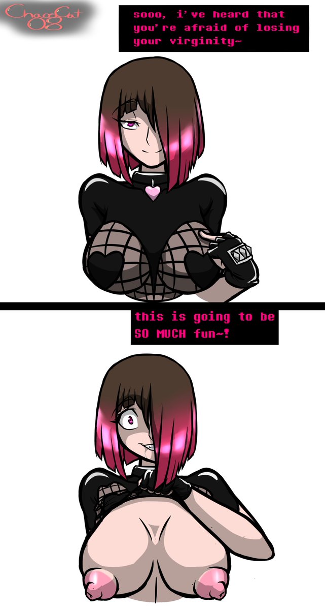 bete_noire betty_noire big_breasts big_nipples breasts brown_hair chaoscat08 dialogue dialogue_box female glitchtale hair_covering_one_eye nipples pink_eye pink_hair saliva short_hair showing_breasts smiling smiling_at_viewer underlust white_background