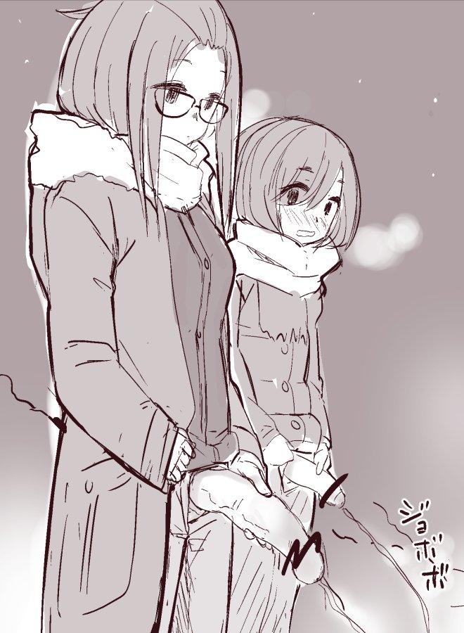 2futas, bar censor, big penis, black and white, blush, breath, casual, censored, clothing, condessa, flaccid, flaccid penis, foreskin, futa only, futanari, glasses, horny, human, intersex, jacket, kagamihara nadeshiko, kagamihara sakura, long penis, monochrome, outdoors, outside, partially retracted foreskin, peeing, peeing together, penis, penis awe, penis out, penis size difference, public, public urination, retracted foreskin, scarf, sisters, sketch, smooth penis, tagme, uncircumcised, uncut, veiny penis, yurucamp
