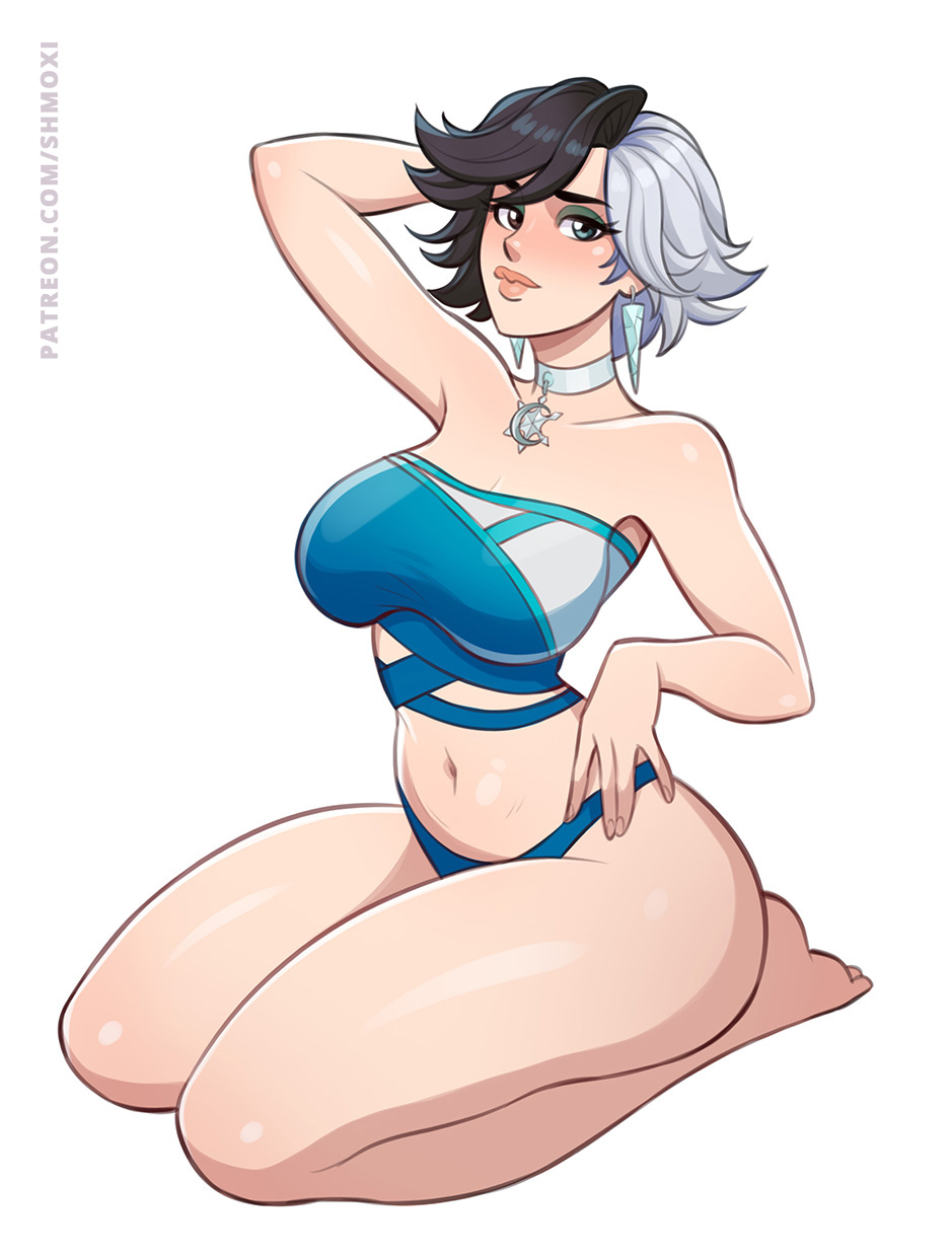 1girls, 2025, 2d, 2d (artwork), artist name, breasts, choker, ear piercing, female, female focus, female only, hand behind head, heterochromia, human, kneeling, korean, korean female, large breasts, light skin, light-skinned female, looking at viewer, luna snow, luna snow (marvel rivals), marvel, marvel comics, marvel rivals, multicolored hair, patreon, pinup, pose, questionable, shmoxi, short hair, simple background, solo, solo female, superheroine, thick thighs, thighs, toksie, wavy hair, white background, wide hips