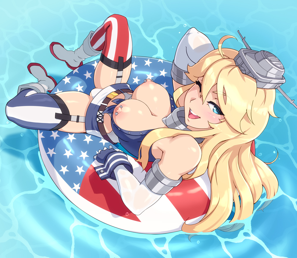 american_flag american_flag_legwear blonde_hair blue_eyes breasts female iowa_(kantai_collection) kantai_collection large_breasts long_hair nipple_piercing nipples owler panties smile solo wing