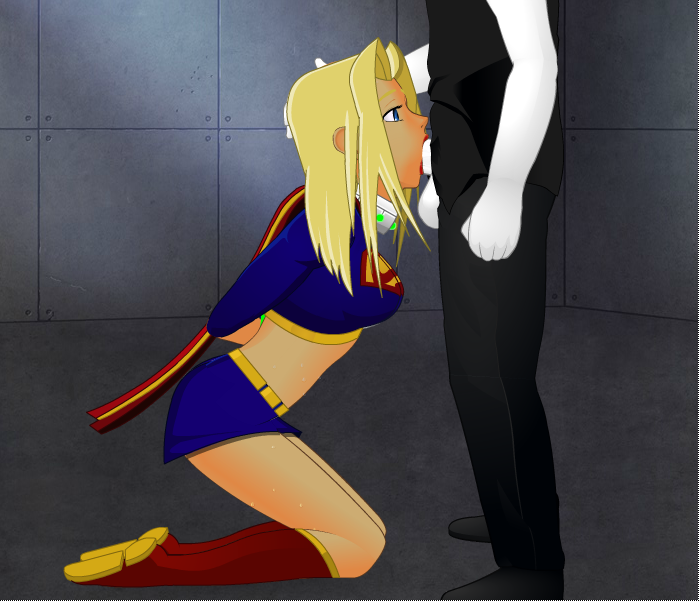 1boy 1girls :>= balls beltskirt blonde_hair blue_eyes blue_skirt breasts cape clothed dc deepthroat erection fellatio female forced hand_on_head handcuffs kneeling kryptonian kryptonite lipstick male oral penis rape roro73290 sideboob super_deepthroat_game supergirl white_skin