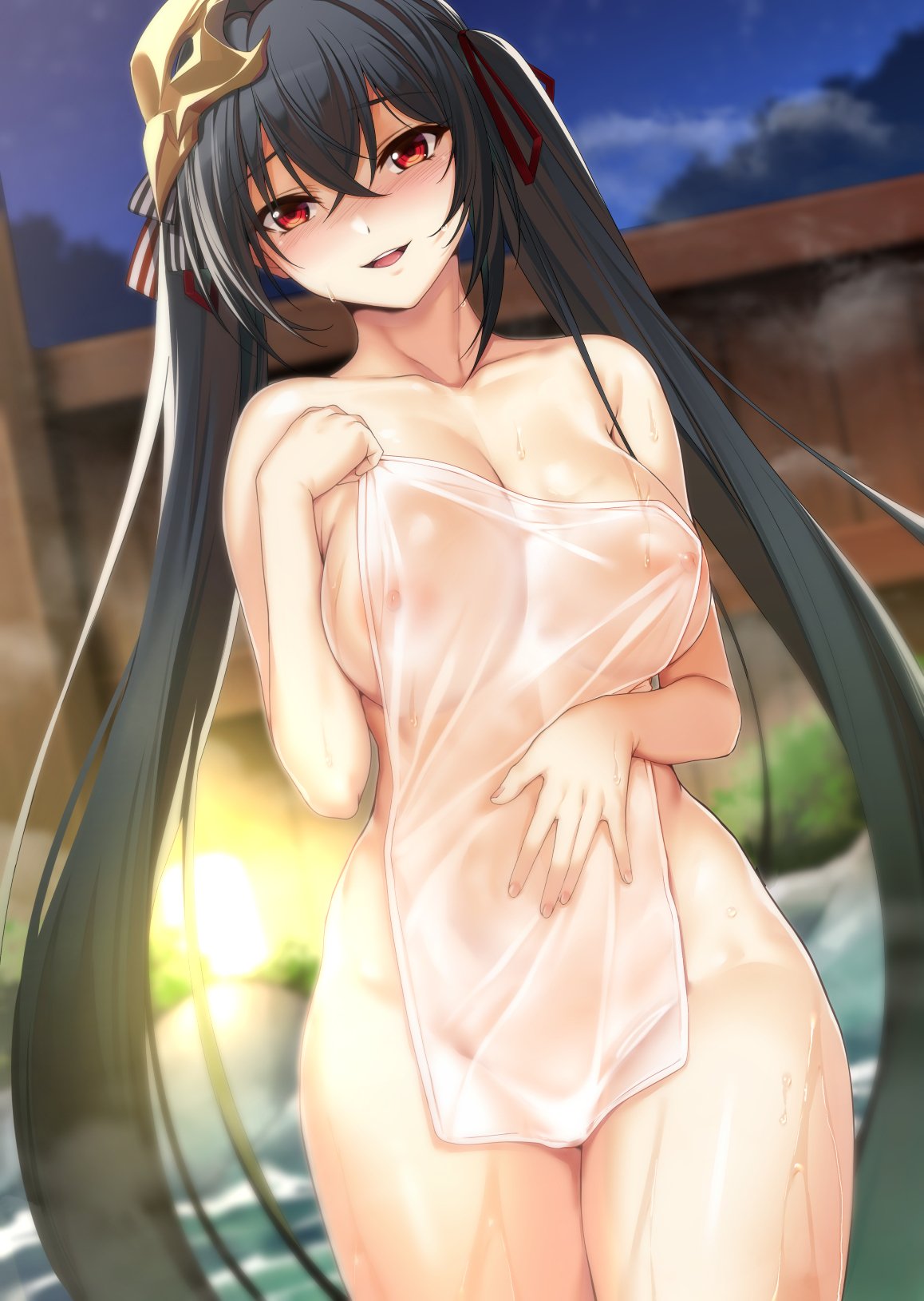 ahoge, areolae, armpit crease, azur lane, bangs, black hair, blurry, blurry background, blush, breasts, cleavage, collarbone, commentary request, covering, cowboy shot, crossed bangs, eyebrows visible through hair, female, hair between eyes, hair ribbon, hand on own stomach, highres, holding, holding towel, human, ipuu (el-ane koubou), large breasts, light, long hair, looking at viewer, mask, mask on head, naked towel, night, nipples, onsen, open mouth, outdoors, red eyes, red ribbon, ribbon, see-through, sidelocks, smile, solo, steam, striped, striped ribbon, taihou (azur lane), thighs, towel, upper teeth, very long hair, wet, wet towel