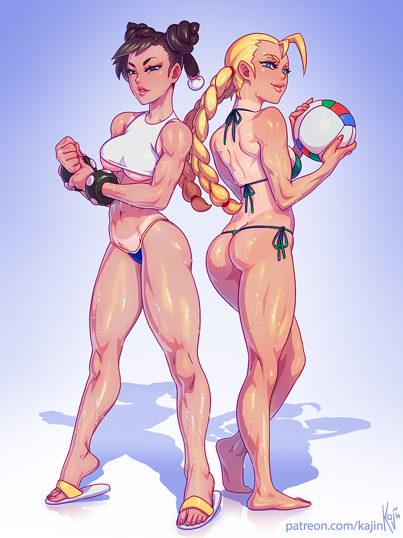 2girls, ass, ass cleavage, ass crack, barefoot, bikini, blonde hair, breasts, butt crack, cammy white, chun-li, crop top, feet, female, female only, hourglass figure, kajinman, medium breasts, multiple females, muscular, muscular female, open toe shoes, red toenails, street fighter, sweaty, tanline, tiptoes, toes, underboob, volleyball