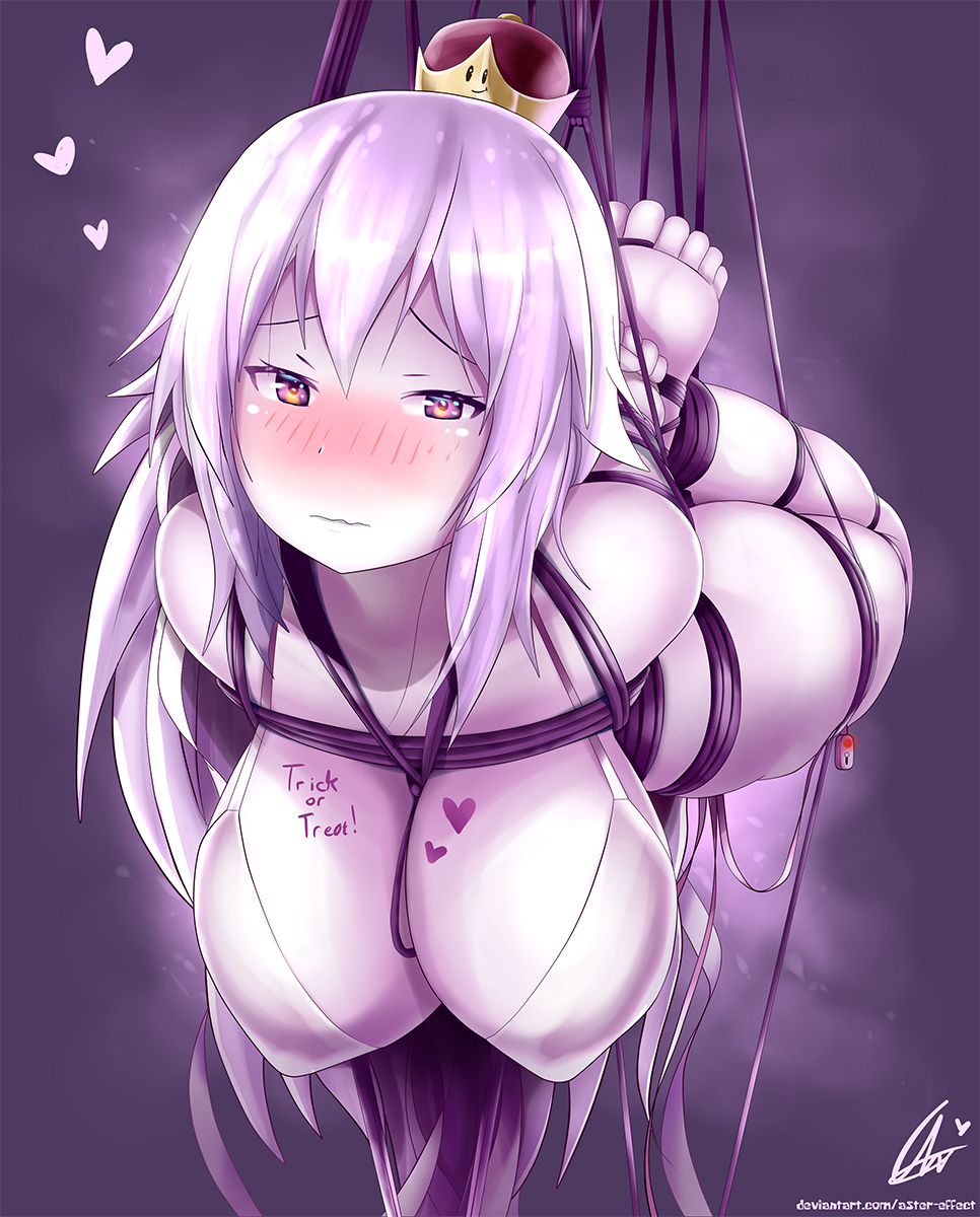 aster-effect, big breasts, blush, bondage, boosette, breasts, cleavage, crown, dress, female, female only, ghost, ghost girl, hair, hogtie, huge breasts, large breasts, long hair, looking at viewer, mario (series), new super mario bros. u deluxe, nintendo, solo, super crown, suspension, video games, white hair, white skin