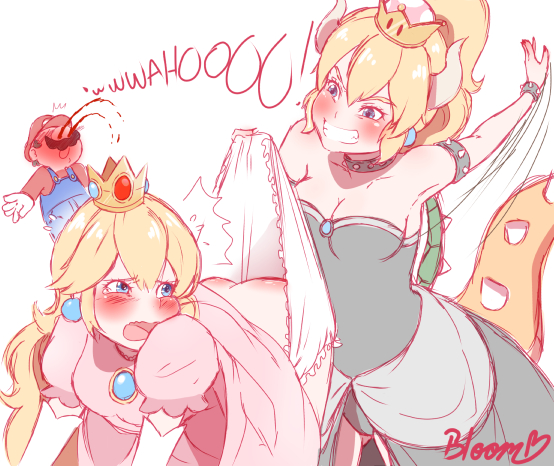 1boy 2girls bloom225 blush bowsette elbow_gloves female genderswap gloves male mario mario_(series) multiple_girls new_super_mario_bros._u_deluxe nintendo panties princess_peach red_ass spanking super_mario_bros. wedgie wedgie_spanking white_background white_panties