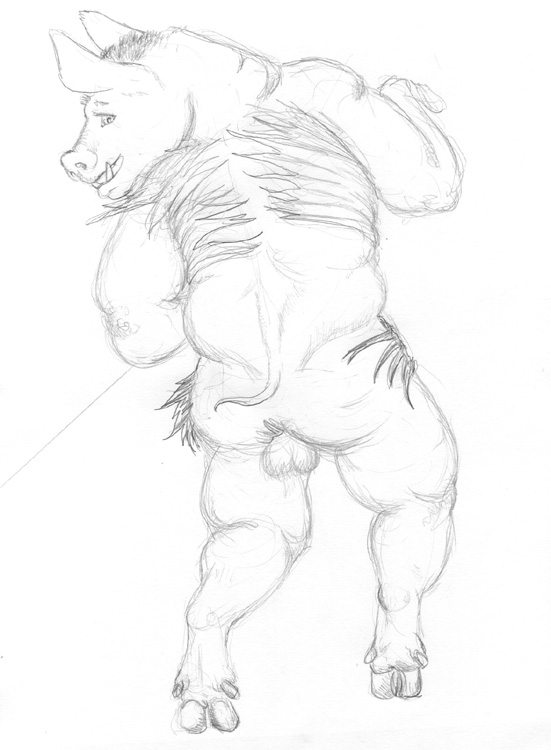 anthro arania ass balls clothing fangs feet looking_back male mammal monochrome open_mouth pig pointy_ears porcine rear_view sketch solo standing torn_clothing transformation