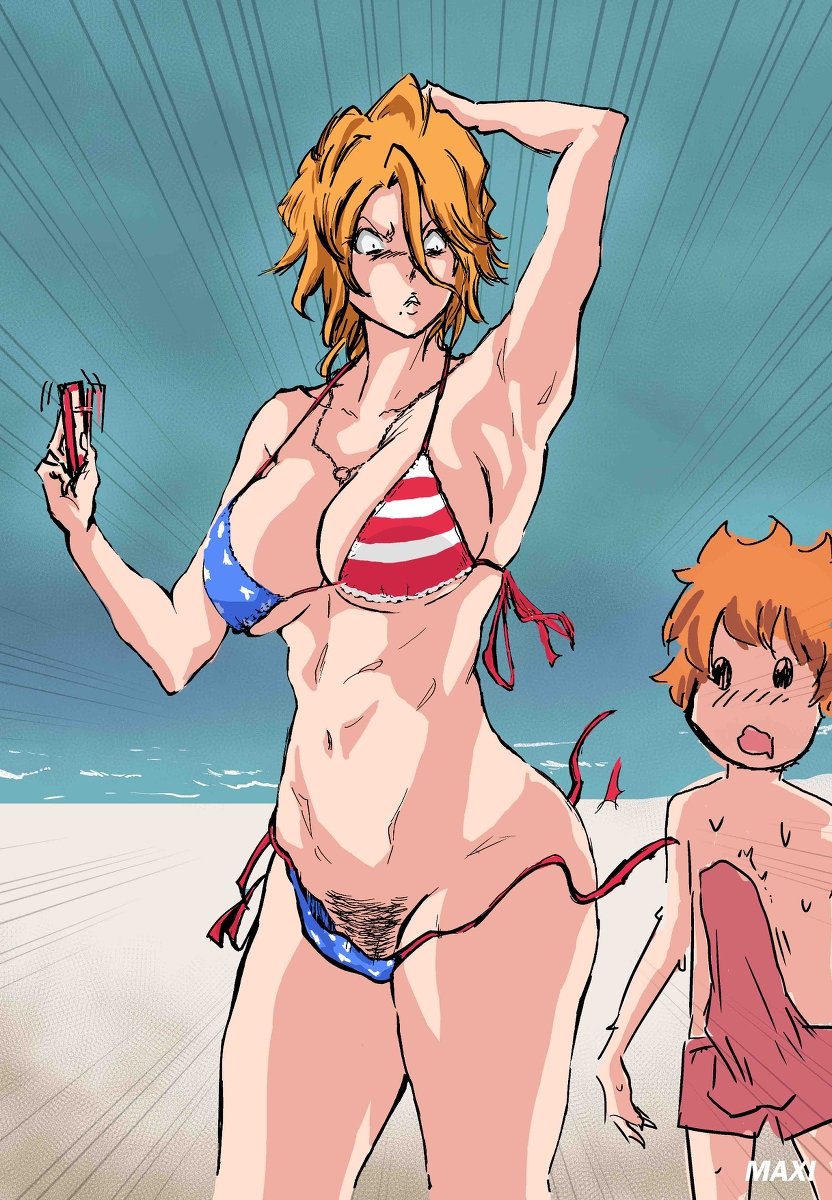 1boy, abs, age difference, american flag bikini, angry, armpits, arms behind back, arms behind head, ass, beach, big ass, big breasts, big penis, bleach, breasts, female, female pubic hair, horny, kazui kurosaki, kurosaki kazui, male, matsumoto rangiku, maxi, penis, pubic hair, pussy, short hair, swimsuit