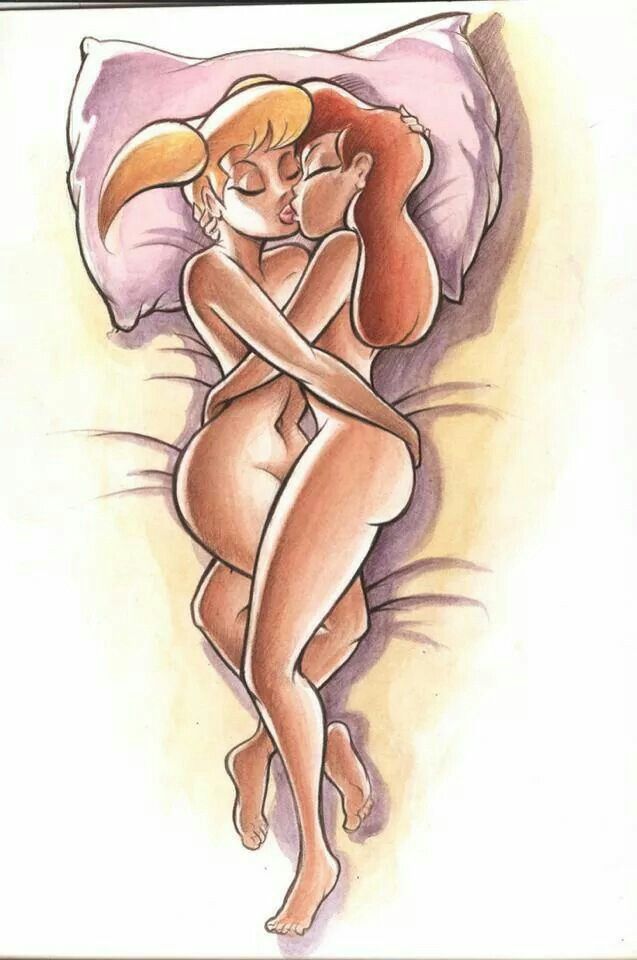 2d, 2girls, barefoot, batman (series), batman: the animated series, belly button, blonde hair, closed eyes, color, dc, dc comics, dcau, feet, female, female only, harleen quinzel, harley quinn, kissing, lesbian, lesbian kiss, light skin, light-skinned female, long hair, nude, nude female, orange hair, pigtails, pillow, poison ivy, poison ivy (dcau), unknown artist, villain, villainess, yuri